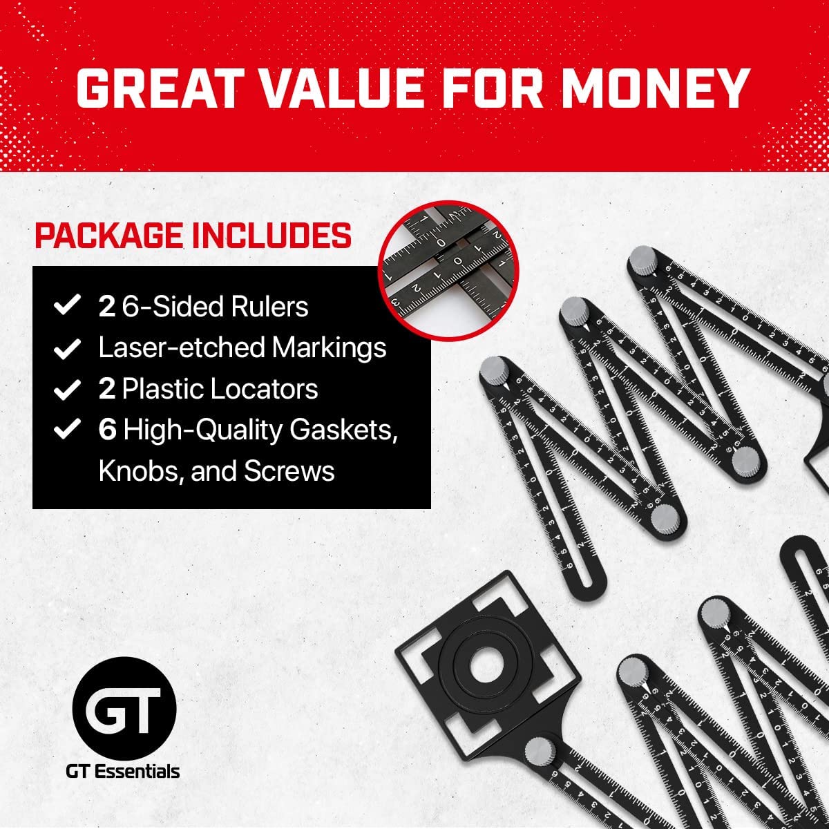 GT ESSENTIALS Multi Angle Measuring Ruler & Drill Hole Locator 2-Pack | 6-Sided Combinable to 12-Sided Shape Measuring Tool & 2 Adjustable Tile Punch Locators for Precision Woodworking