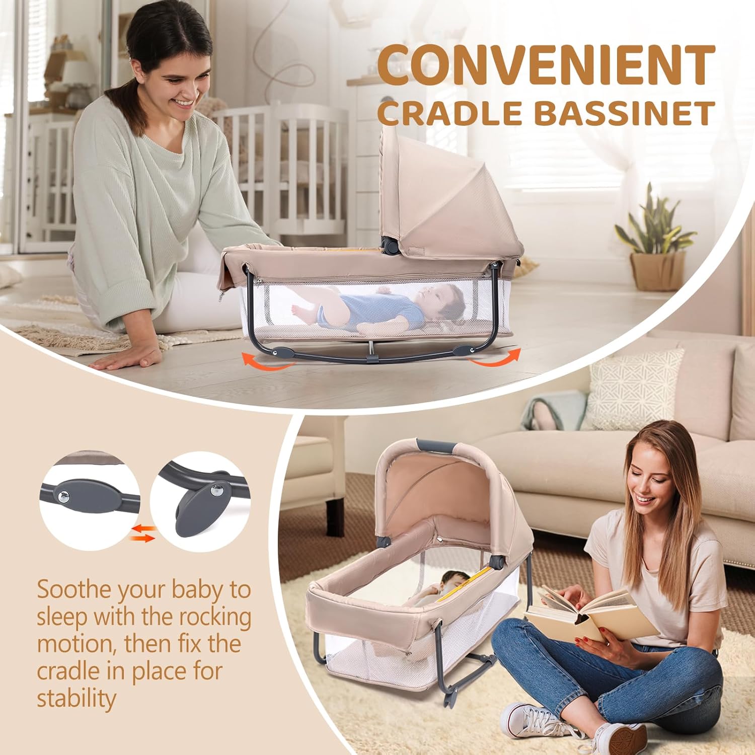 A portable cradle bassinet with rocking feature, showing how to fix it for stability