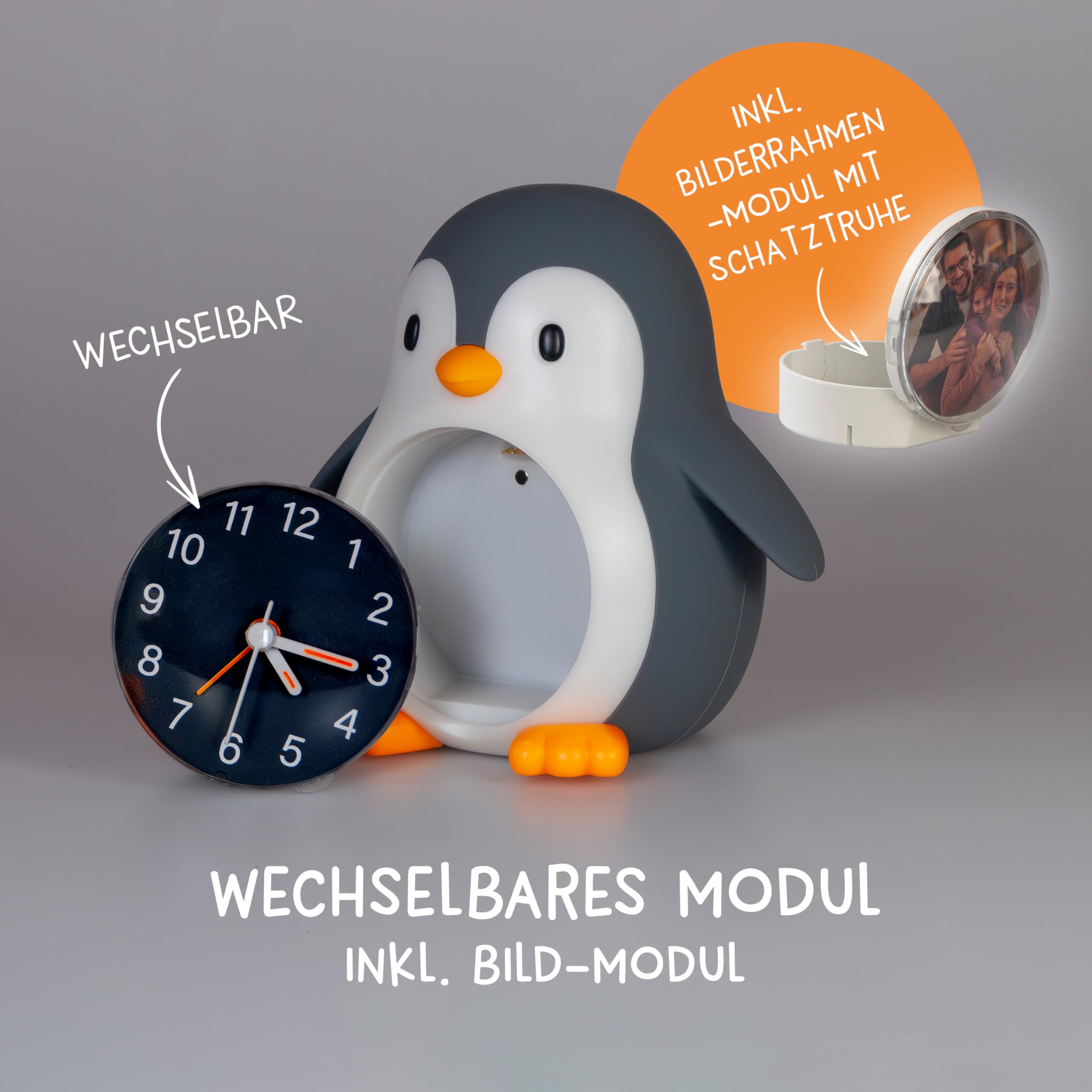 MegaLight Kinderwecker mit Kindernachtlicht | 2in1 Wecker Kinder + warmweißes Nachtlicht Kinder mit 30-Min Sleeptimer | Sanftes Wake Up Light für natürliches & kindgerechtes Aufwachen | POPPY PENGUIN