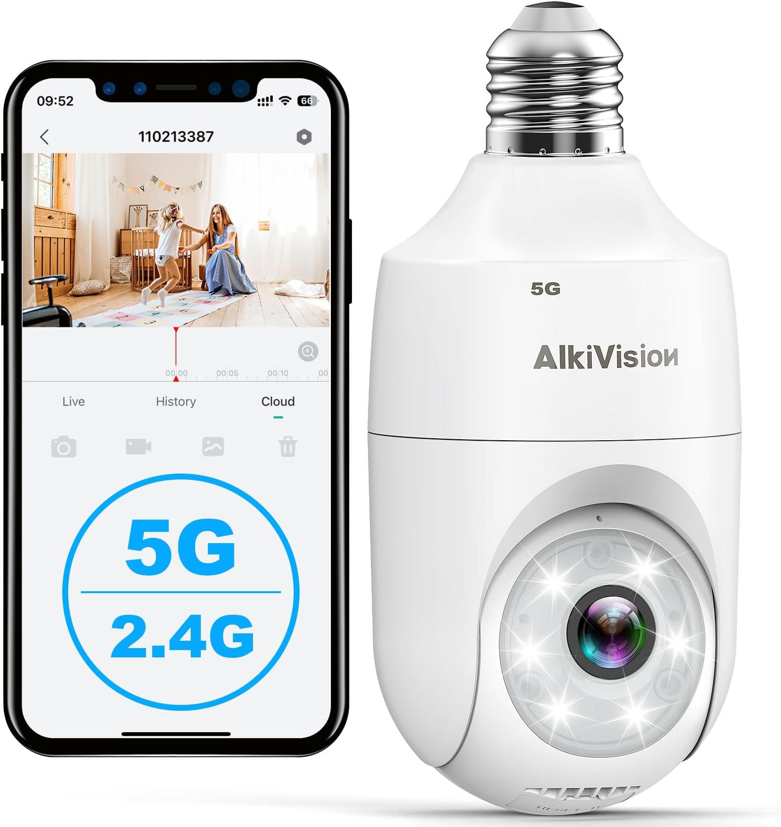 AlkiVision 2K Light Bulb Security Camera - 5G&2.4GHz Dual Bands 360° Motion Detection Cameras for Home Security, Full-Color Night Vision, Auto Tracking, Siren Alarm, 24/7 Recording