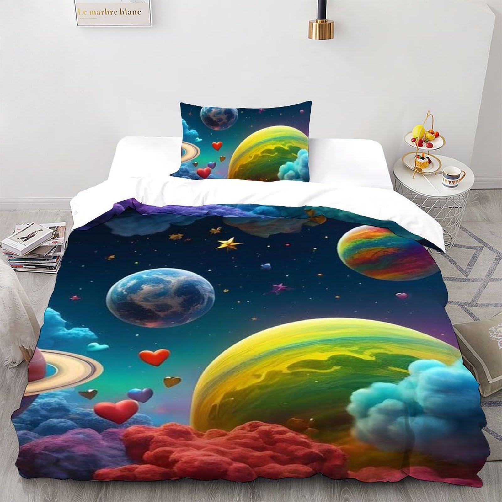 Housse de couette single dessin animé planet en microfibre 135x200cm pour lit enfant avec sa taie