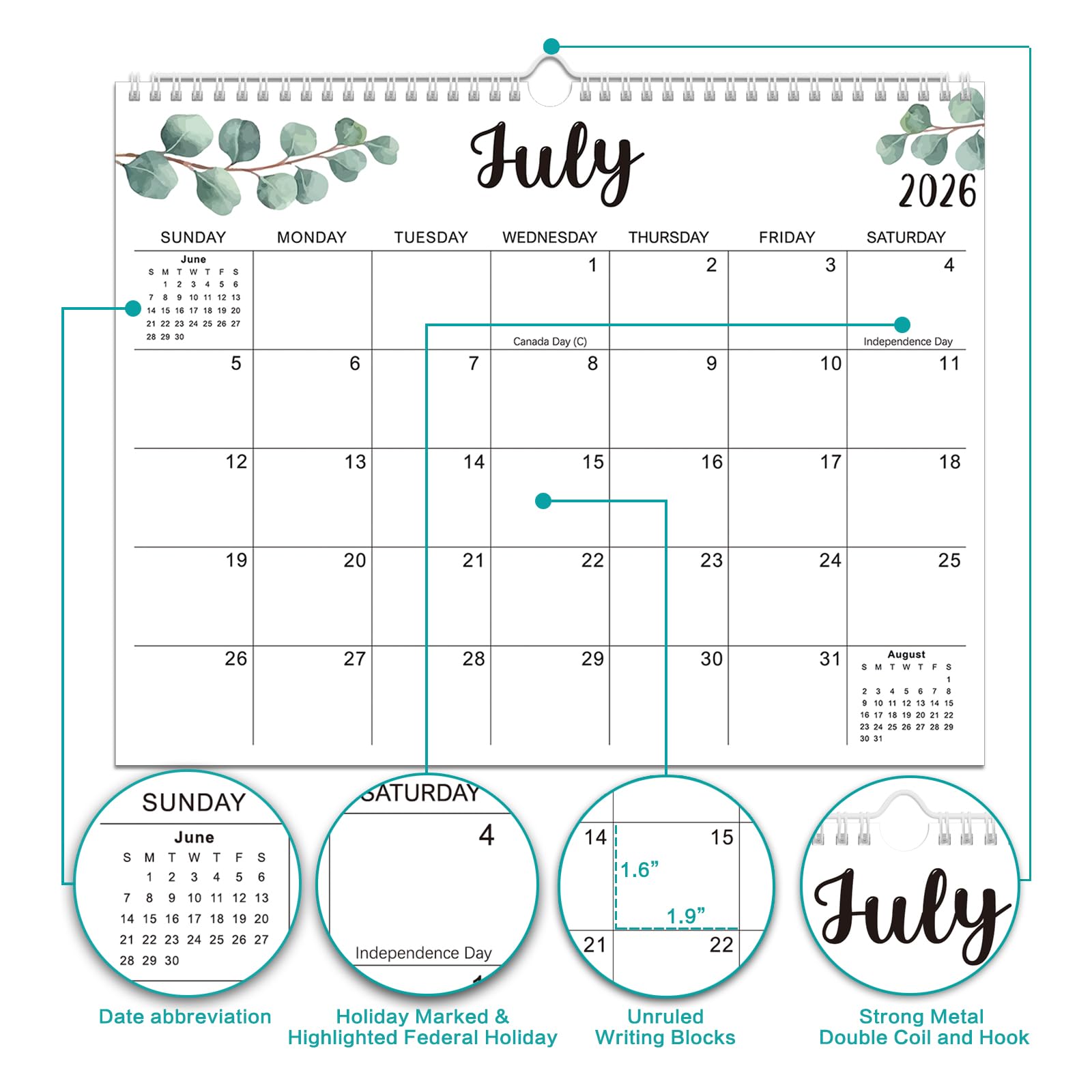 Wandkalender 2025-2026, 18 Monate Akademischer Kalender, Juli 2025 - Dez. 2026, 37,5 cm × 29,8 cm, Monatskalender zum Aufhängen an der Wand, mit dickem Papier für Büro, Zuhause