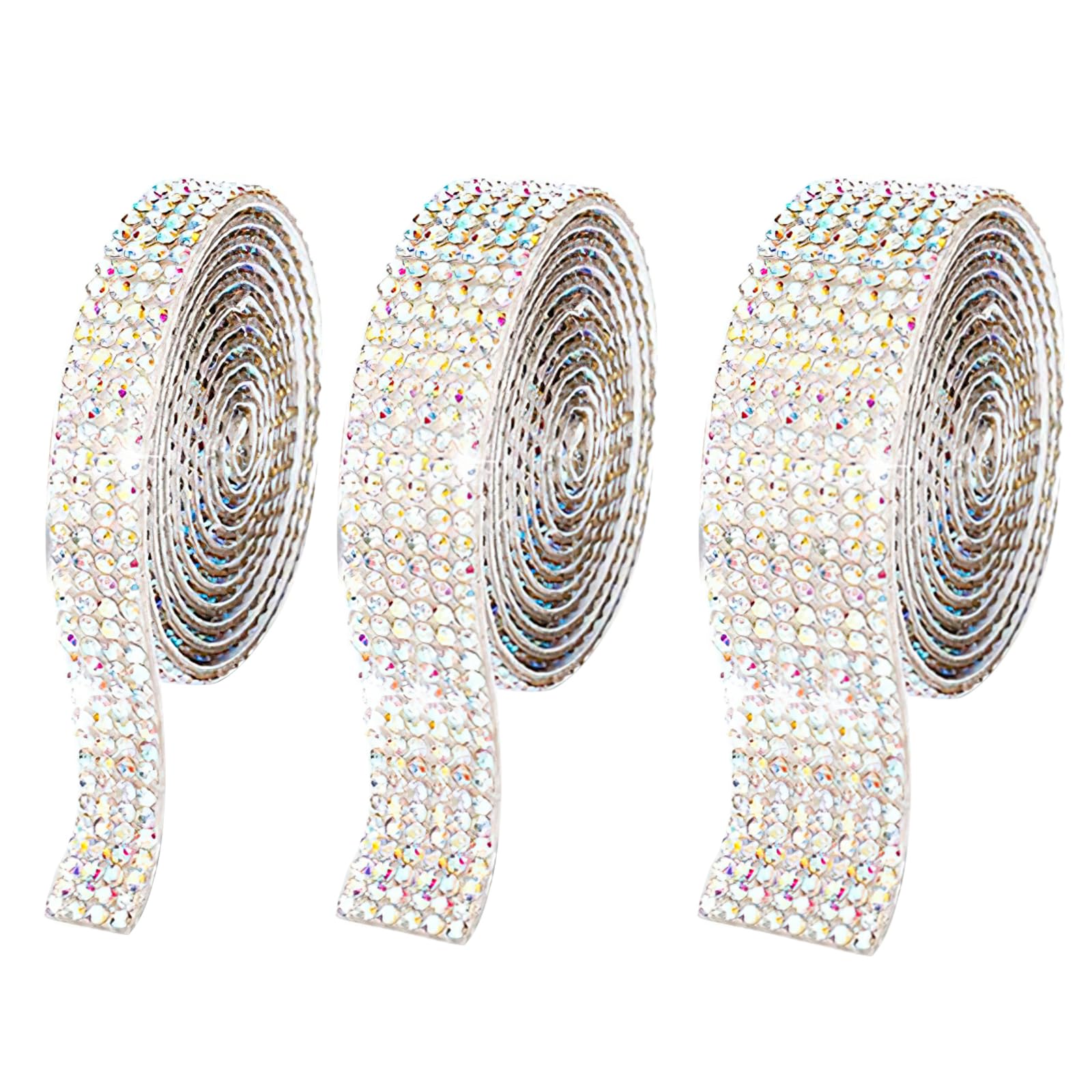 3 Rolls of Rhinestone Ribbons, Silver Self-Adhesive Rhinestone Ribbon, Bling Crystal Diamond Ribbon Roll Wrap Glitter Rhinestone Stickers for Decoration, Car, DIY, Crafts, Wedding (Colored)