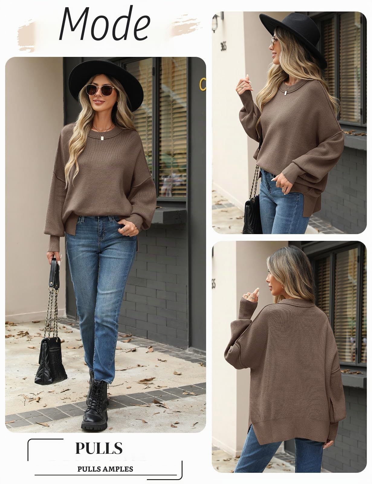 CMTOP Pull Femme Hiver Chic et Elegant Oversize Pull Chaud Décontracté Manches Longues Col Rond Pullover Tricot Sweat Haut Thermique Automne