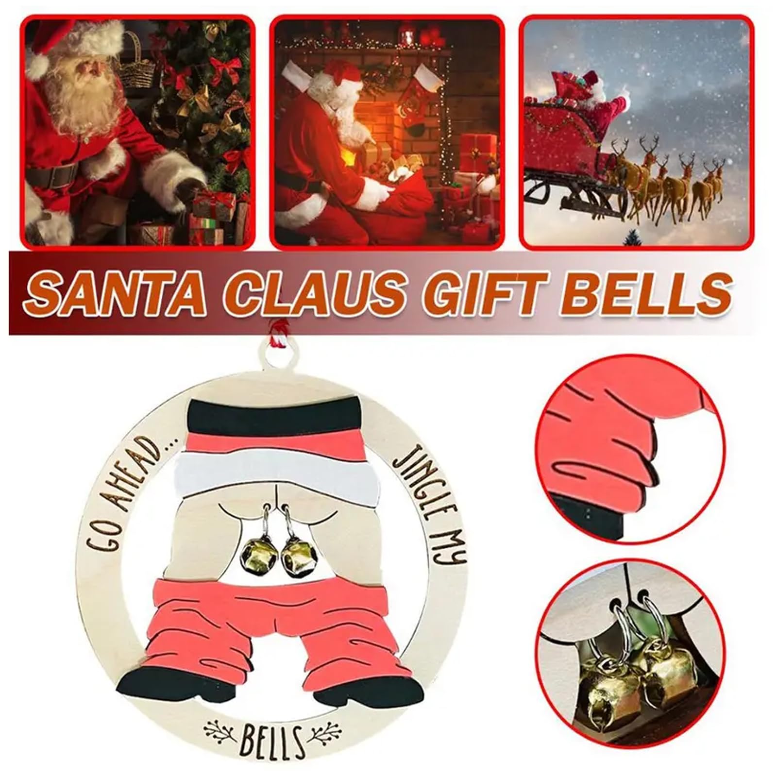 EHORIA 2 Pieces Funny Christmas Hanging Ornaments, Jingle My Bell Christmas Tree Novelty Wooden Decorations, Santa Claus Jingle Bell Hanging Decor for Christmas White Elephant Gifts