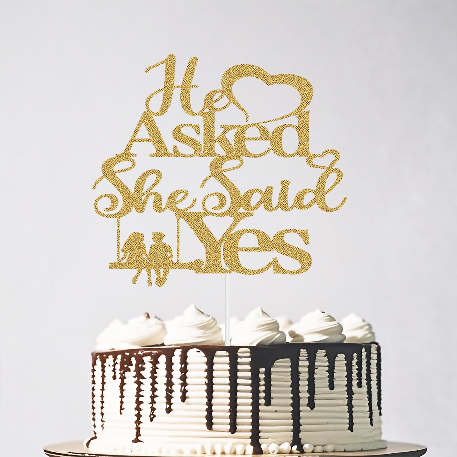 Glitter He Asked She Said Yes Cake Topper, Swing Mr & Mrs Wedding Engagement Cake Topper, Bridal Shower Anniversary Party Decorations Gold