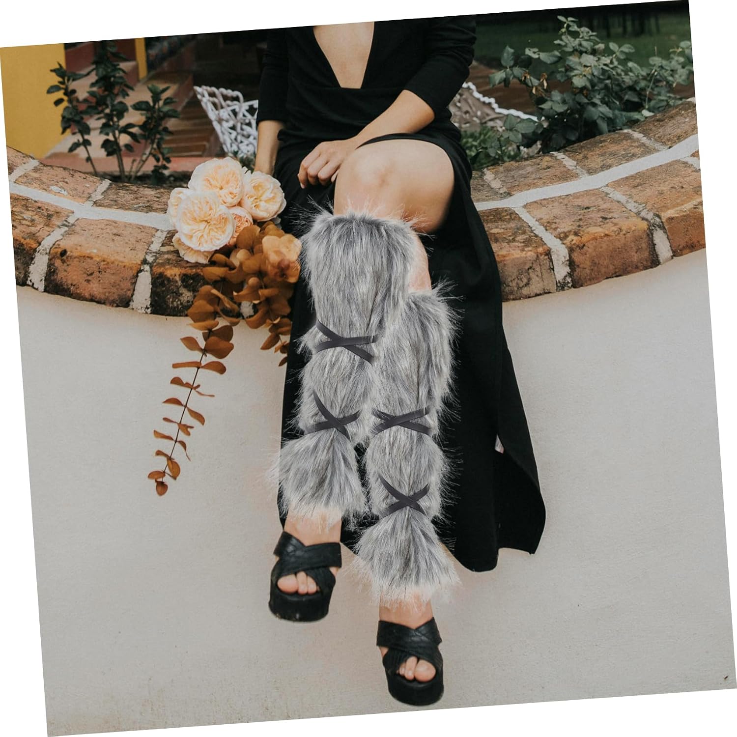 Halloween Faux Fur Leg Warmers 2pcs Lace up Boot Covers for Cosplay