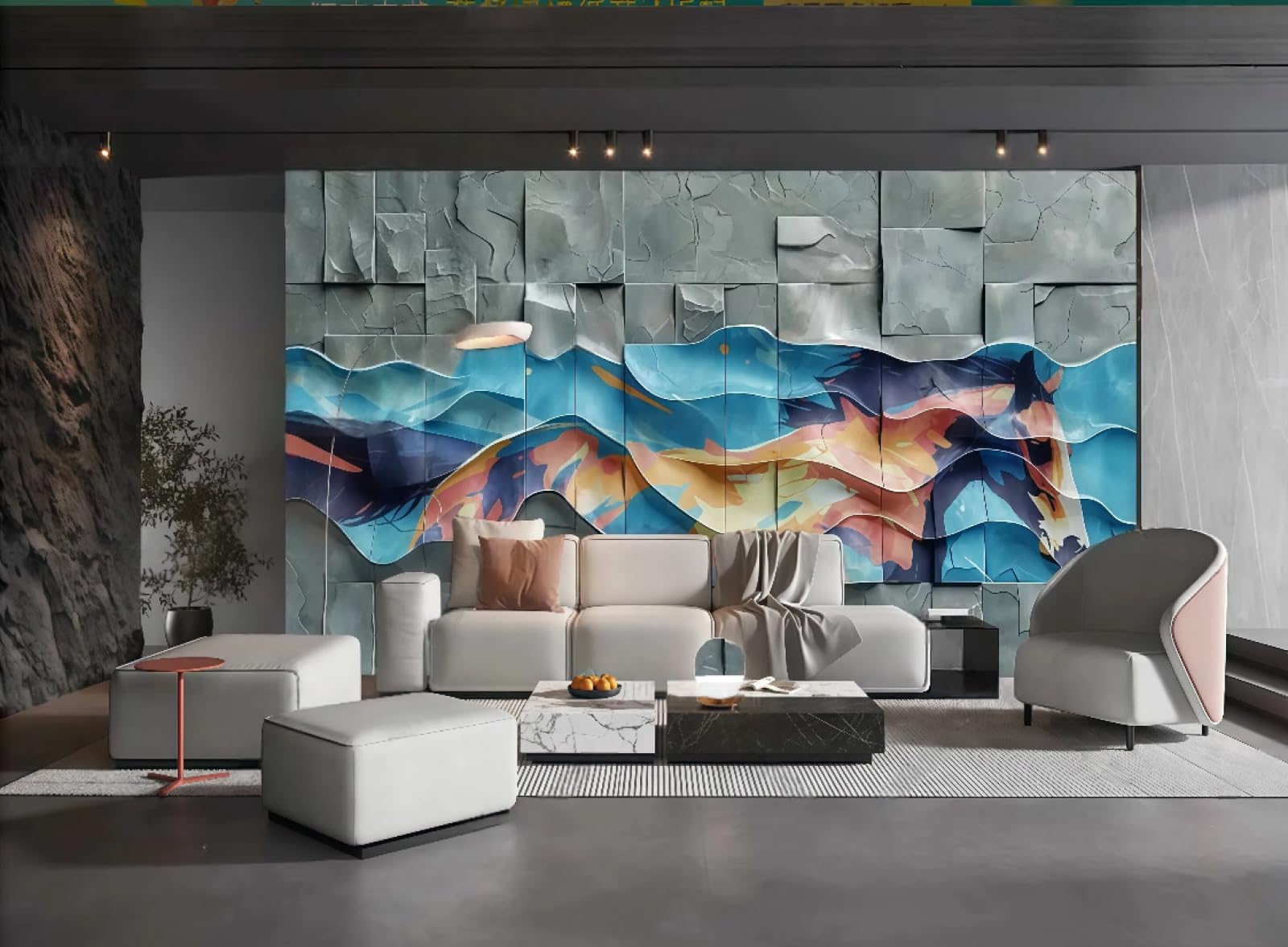 Papier peint tridimensionnel cheval artistique gris et bleu pour salon raffiné