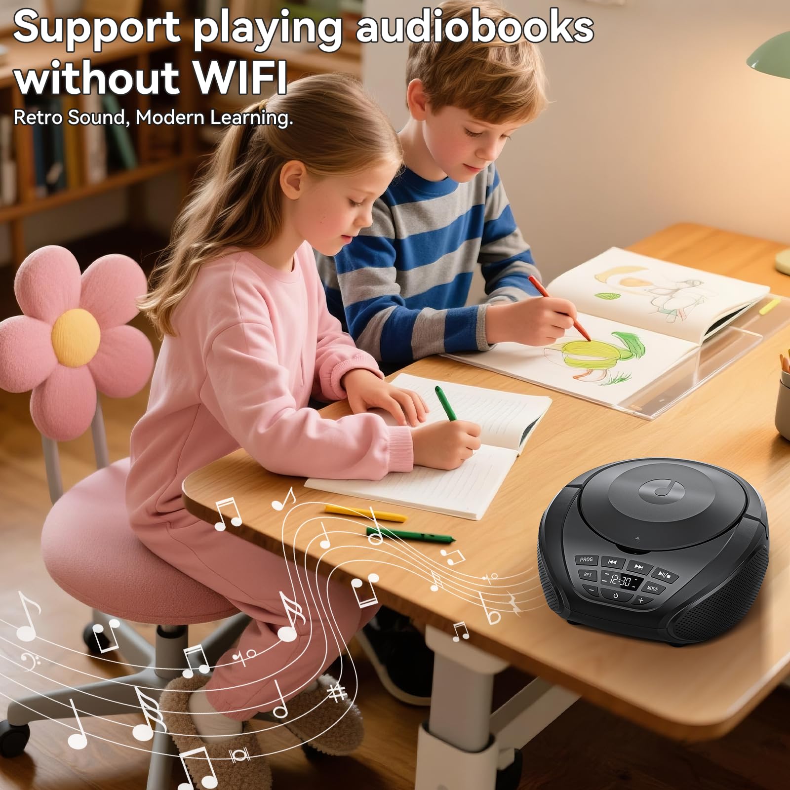 Gueray Lettore CD portatile Boombox Lettori CD audio domestici con altoparlanti Radio FM Ingresso AUX Supporto Cuffie Modalità playlist Riproduzione PROG per audiolibri da esterno e da interno