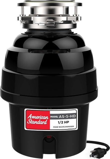 American Standard 10-US-AS-5-HD Élimination des ordures Système de broyage des déchets alimentaires en acier inoxydable anti-jam, poids lourd, 1/2 HP, noir