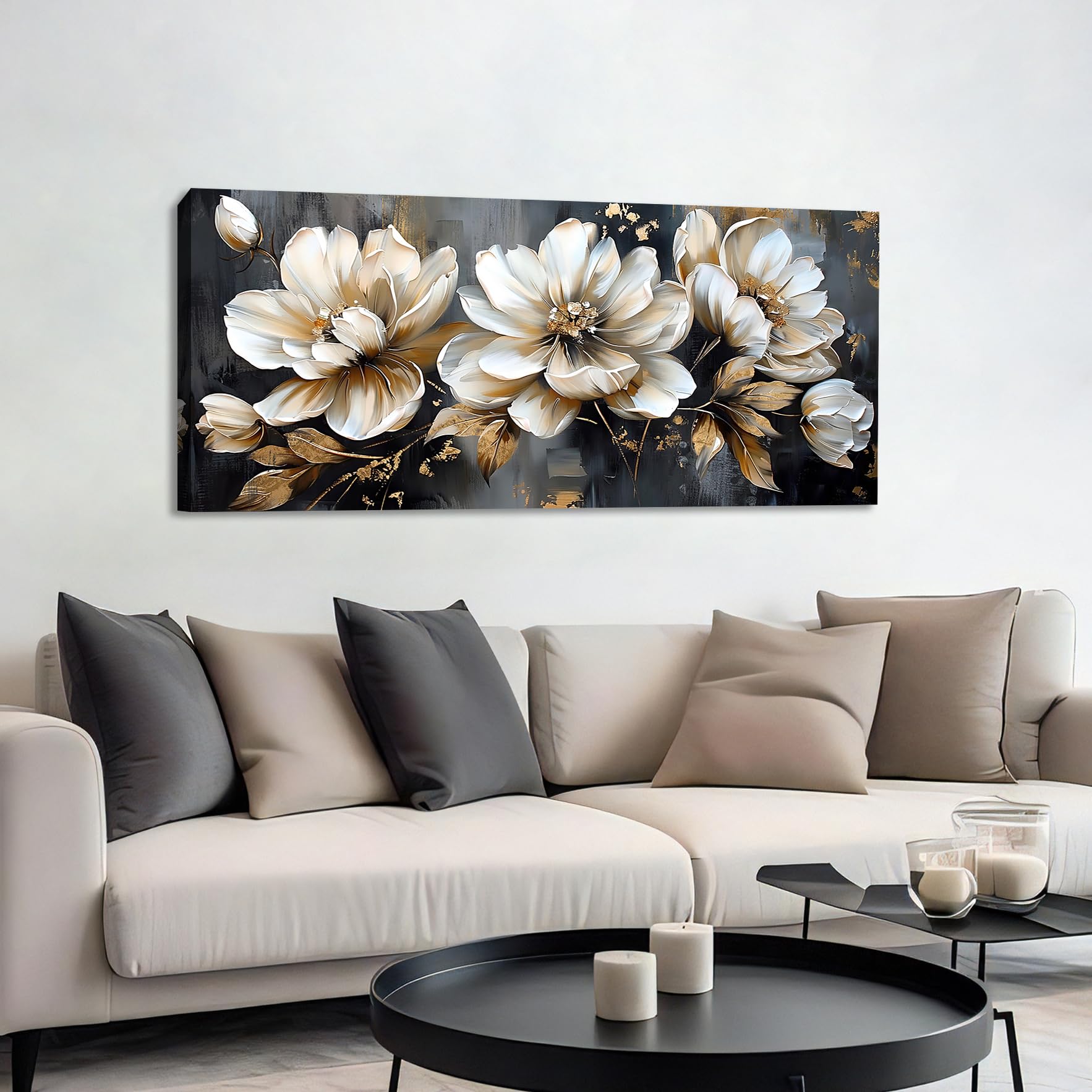 Mit Rahmen Leinwand Bilder Beige Pfingstrosen Blumen Bild auf Leinwand Malerei Poster Kunstdrucke Graue Goldene Blätter Bild Wandbilder Heim Restaurant Wohnzimmer Schlafzimmer Wanddekoration 50x120cm