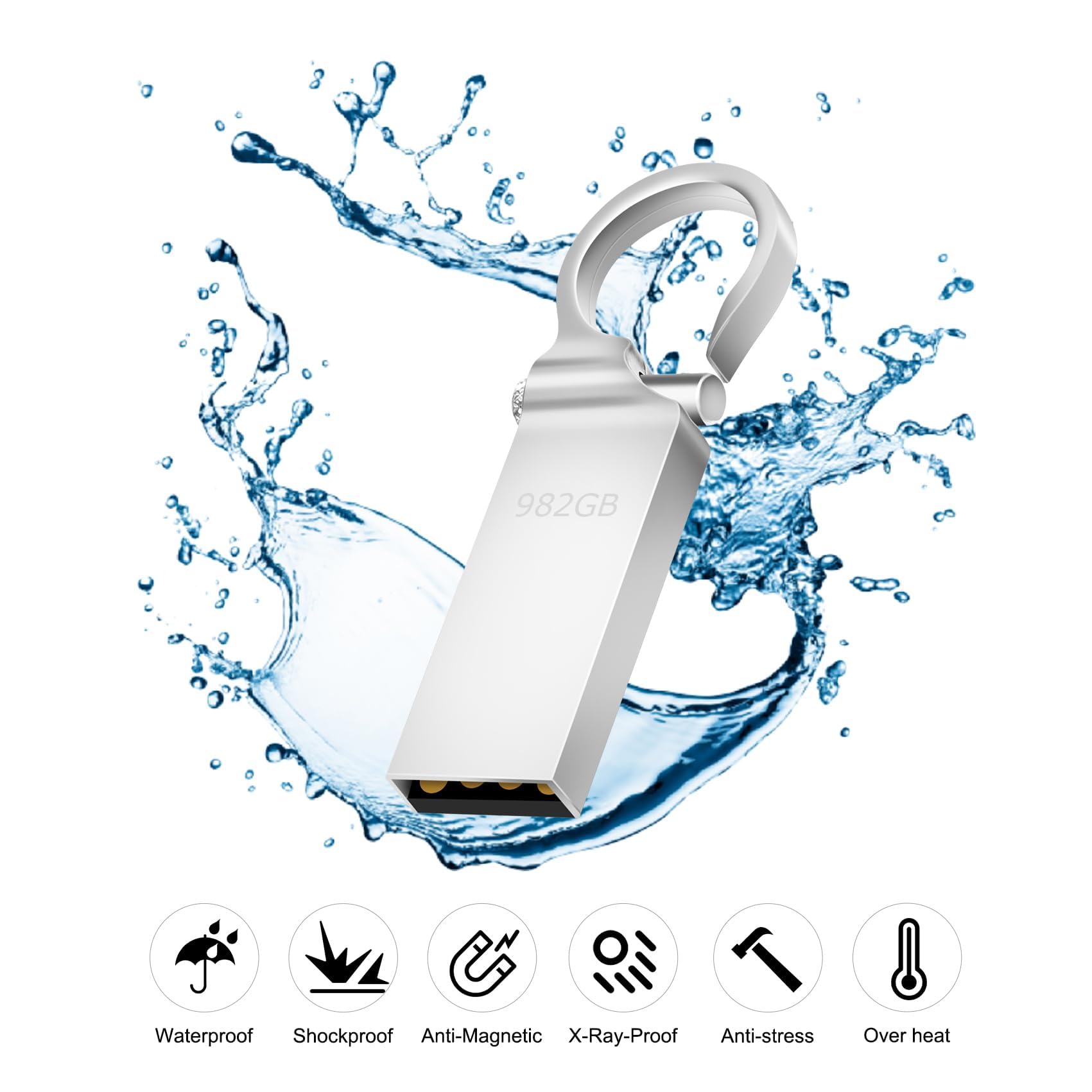 Clé USB 982Go Maxineer - Mini, Métal, Imperméable, Porte-clés Inclus, Pour PC/Ordinateur