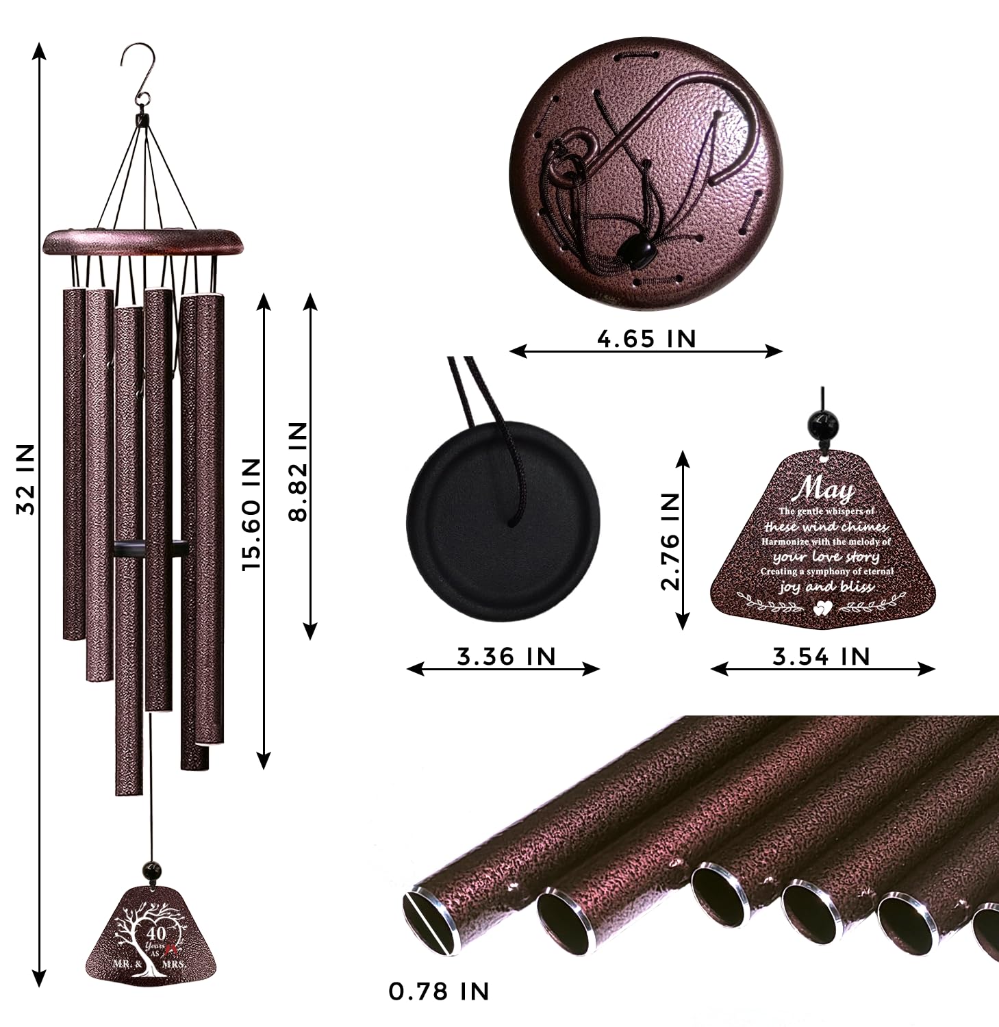 ZANIION 40th Anniversary Wedding Gifts Wind Chime 32", Happy 40 Years of Marriage Gifts Idea, 40th Anniversary Decorations for Couples, Parents, Husband, Wife, Romantic Gift for Her/Him Wine Bell 32"