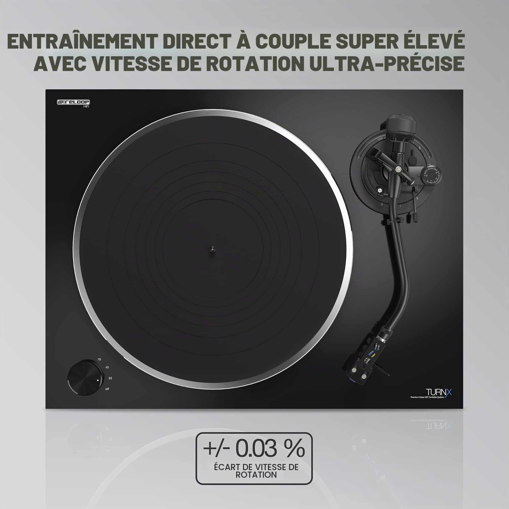 Reloop Turn X - Platine Vinyle Hi-FI Haut de Gamme avec Cellule Ortofon 2M Blue, entraînement Direct Super High Torque, contrôle précis de la Rotation, 3 Vitesses
