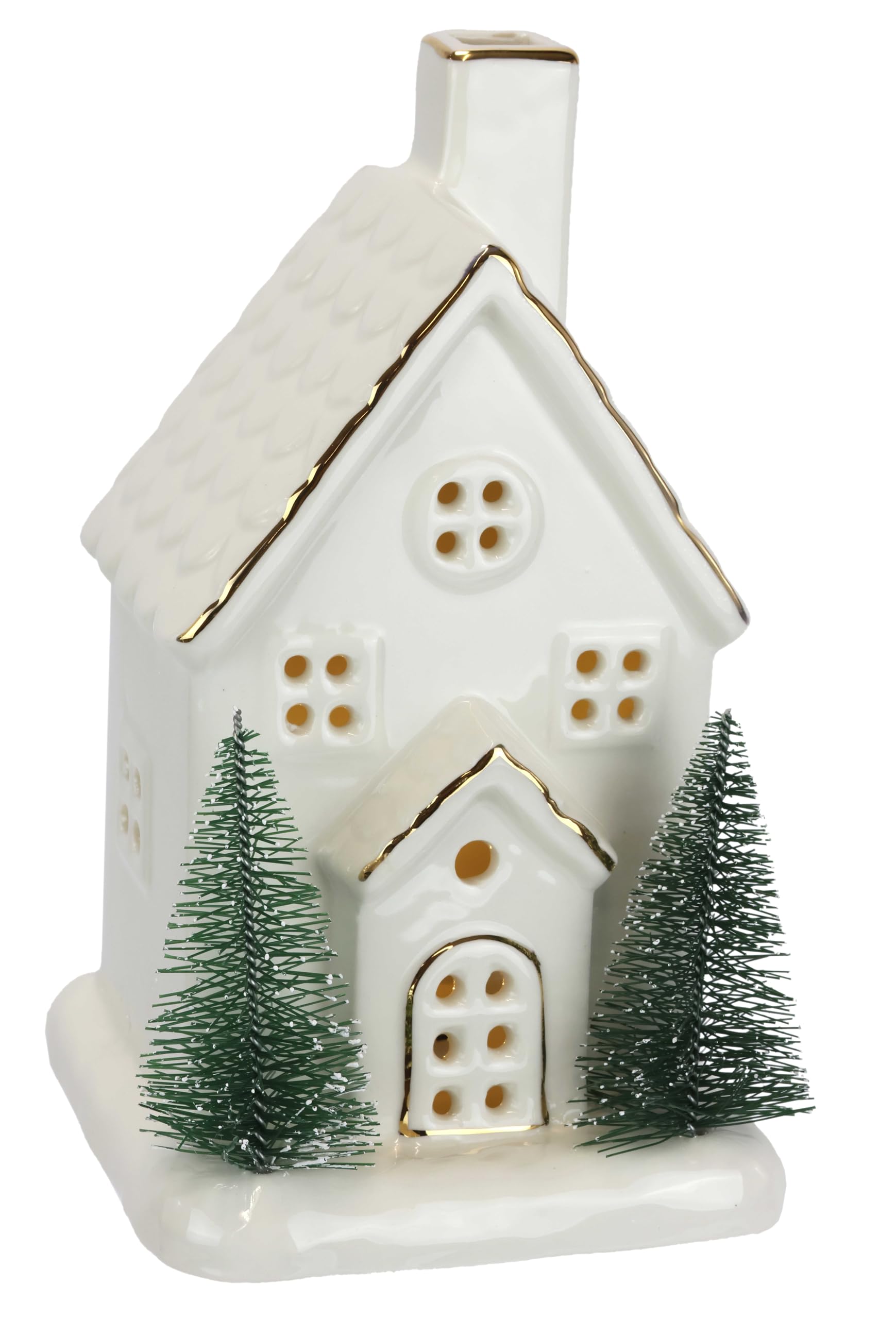 Maison de Noël LED en porcelaine blanc doré 20cm pour décoration de table