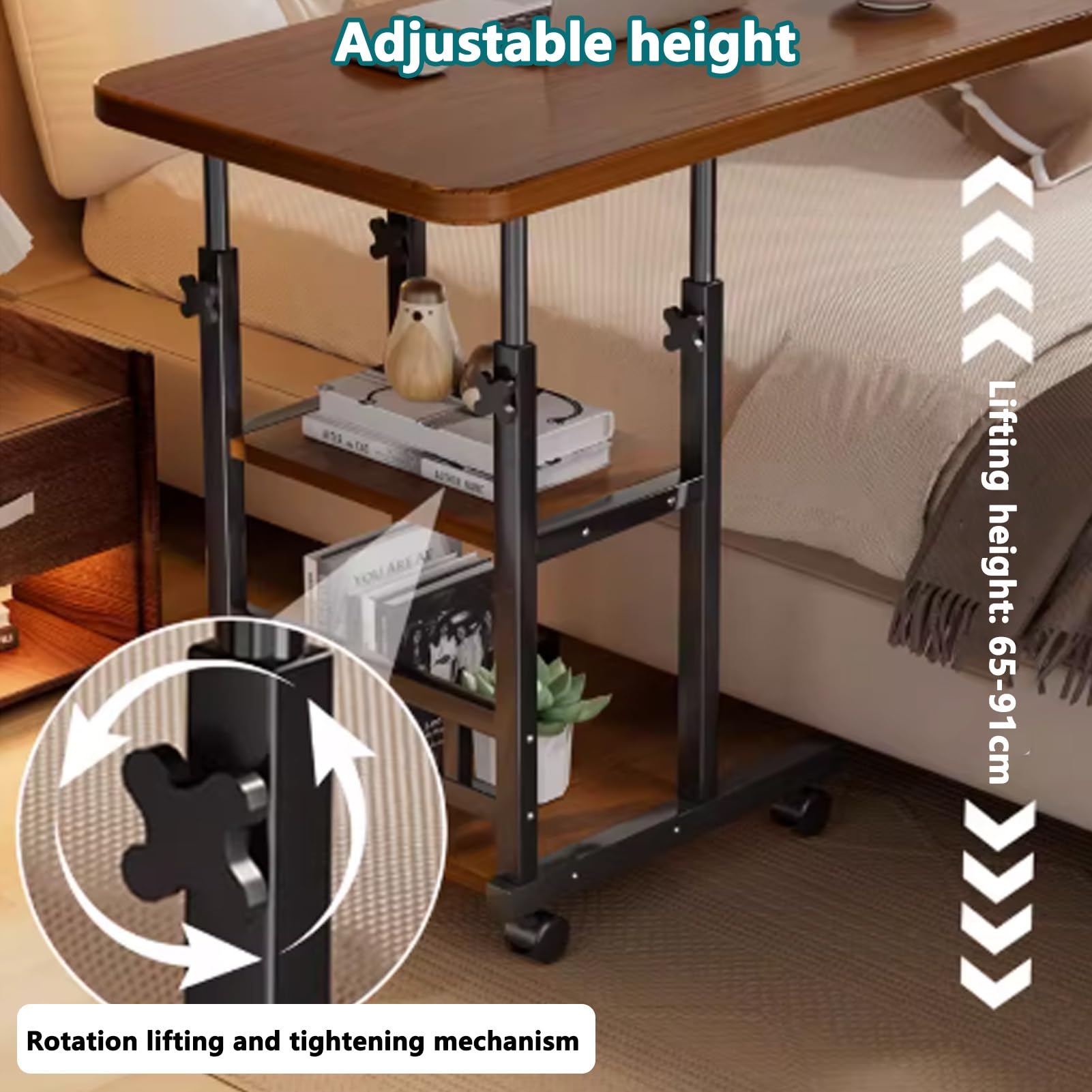 Tavolino da Letto con Ruote e Altezza Regolabile, Carrello for Laptop a 3 Livelli, Tavolino Laterale a Forma di C for Camera da Letto, Soggiorno, Ospedale(Natural,80cm/31.5in)