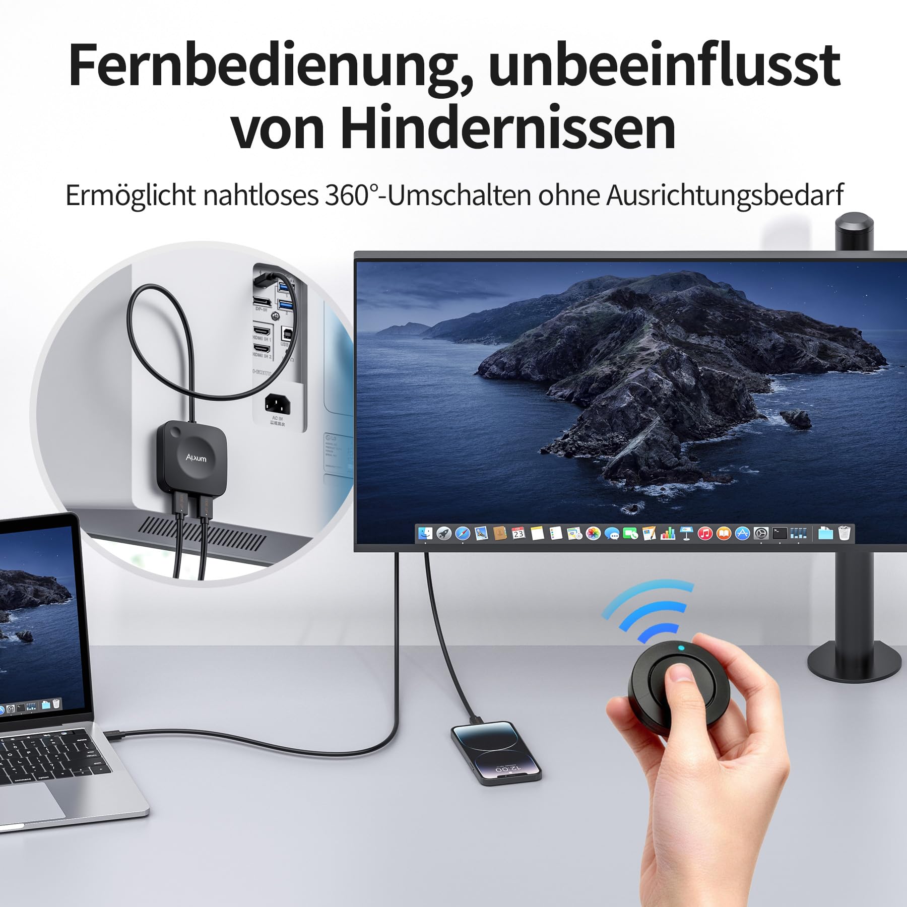 Alxum 20Gbps USB-C Switch für 2 Computer, 2 in 1 Out, 8K@30Hz / 4K@144Hz Video, 140W PD Ladefunktion, USB4 Daten, mit Fernbedienung und LED-Anzeige, USB Umschalter für Laptop, Monitor, Dockingstation