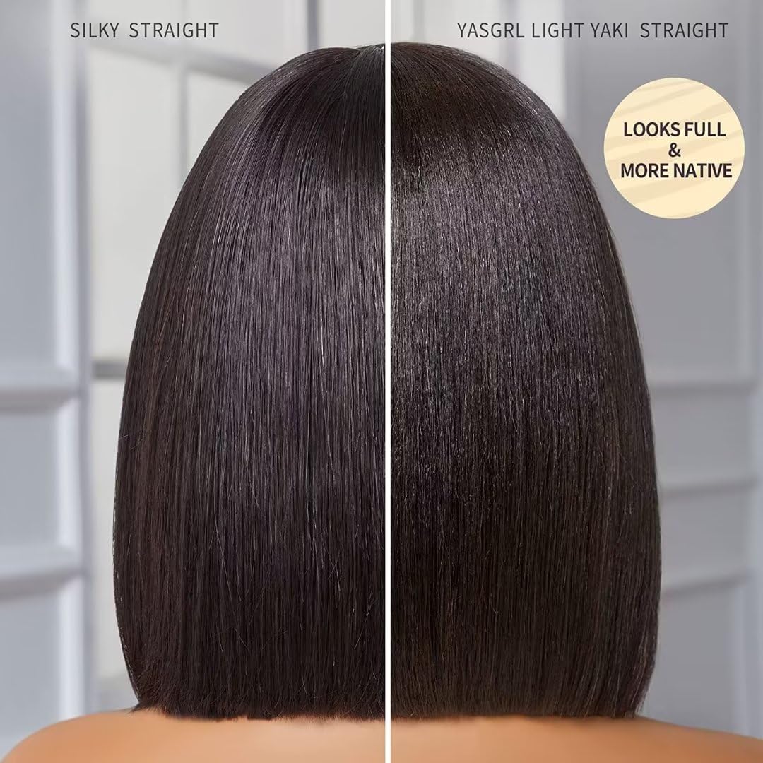 13X6 Light Yaki Bob Wigs Human Hair Brazilian 150% Density HD Transparent Lace Frontal Short Bob Wigs Human Hair Pre Plucked Blunt Cut Short Black Bob Wigs Virgin Hair For Woman Natural Black 10Inch