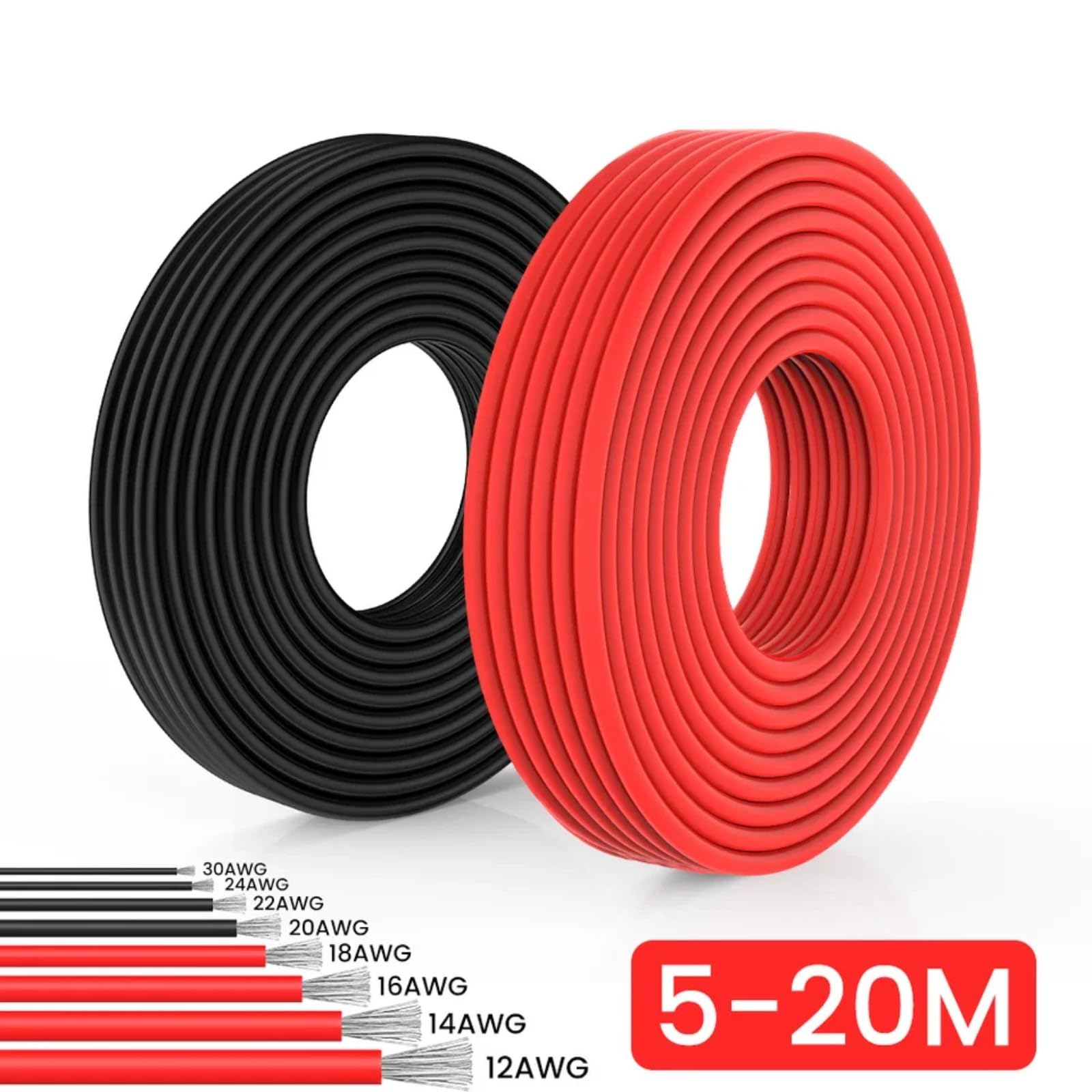Super Soft Silicone Cable Red Black 12 14 16 18 20 22 24 30 AWG(Red; 5m; 12 AWG)