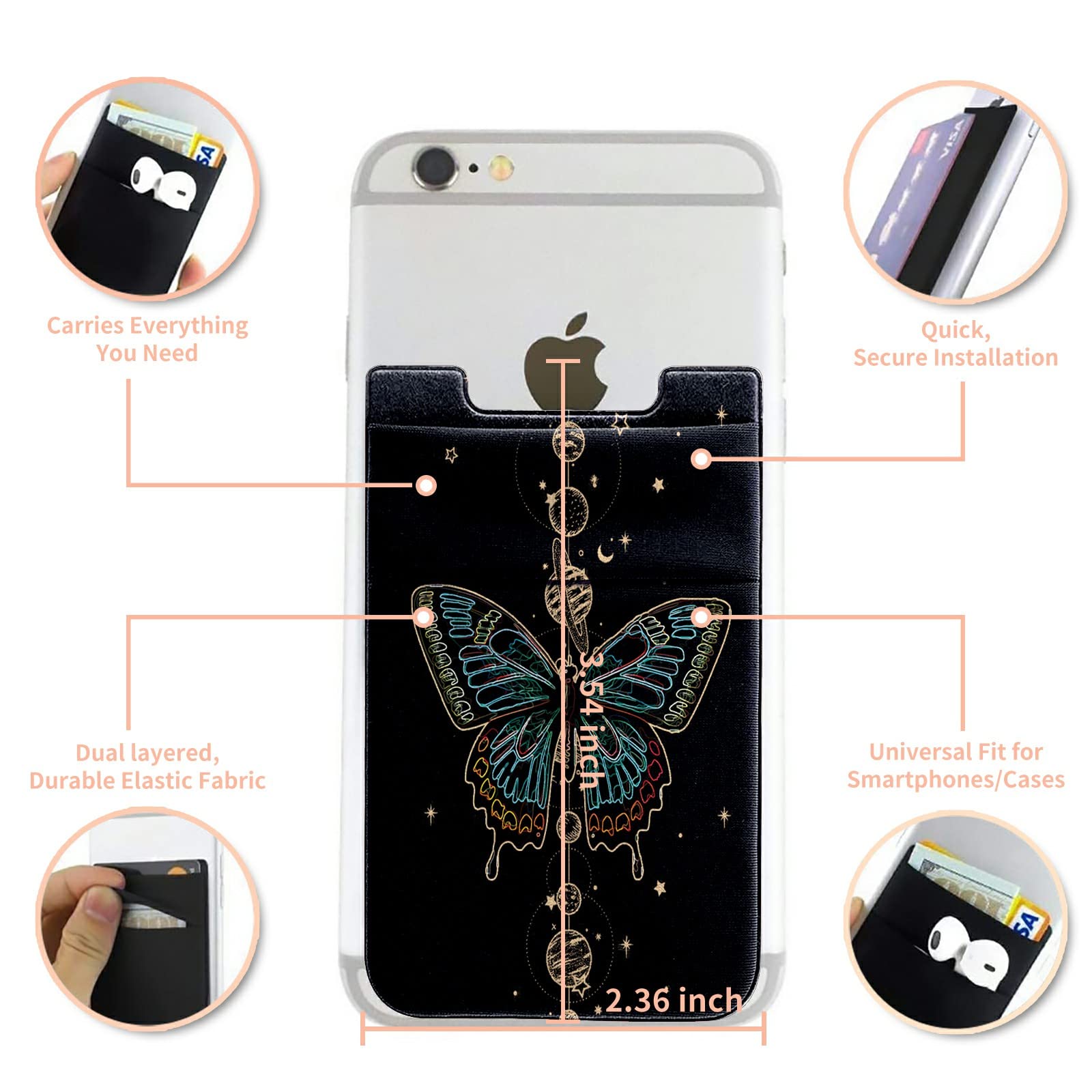 Cell Phone Adhesive Stick On Wallet Sleeve Double Pocket Lycra Credit ID Card Holder Pouch Little Wallet Butterfly Moon Space Design for iPhone ipad Samsung Galaxy Android Smartphones