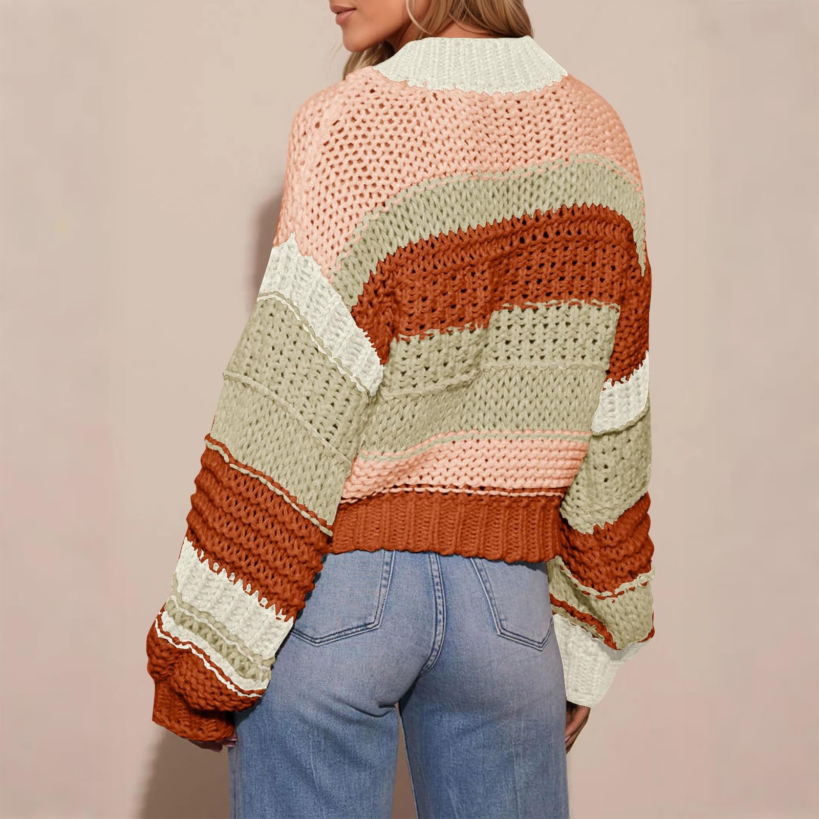 Strickjacke Damen Kurz Grobstrickjacke Puffärmel Übergangsjacke Casual