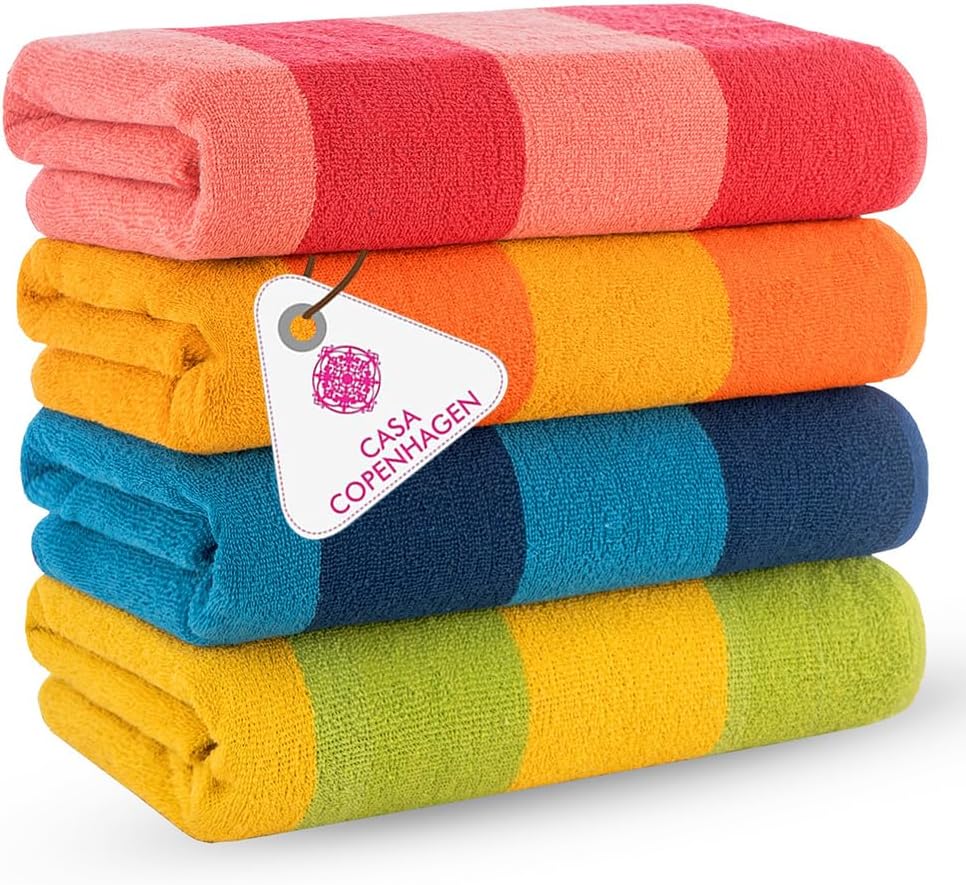 CASA COPENHAGEN Malibu Beach Towels Designed in Denmark Rough and Tough, Quick Dry, for Pool, Bath & Shower 30x60 inches 4 Pieces Cotton Beach Bath Towels Set - Orange, Blue, Pink, Green