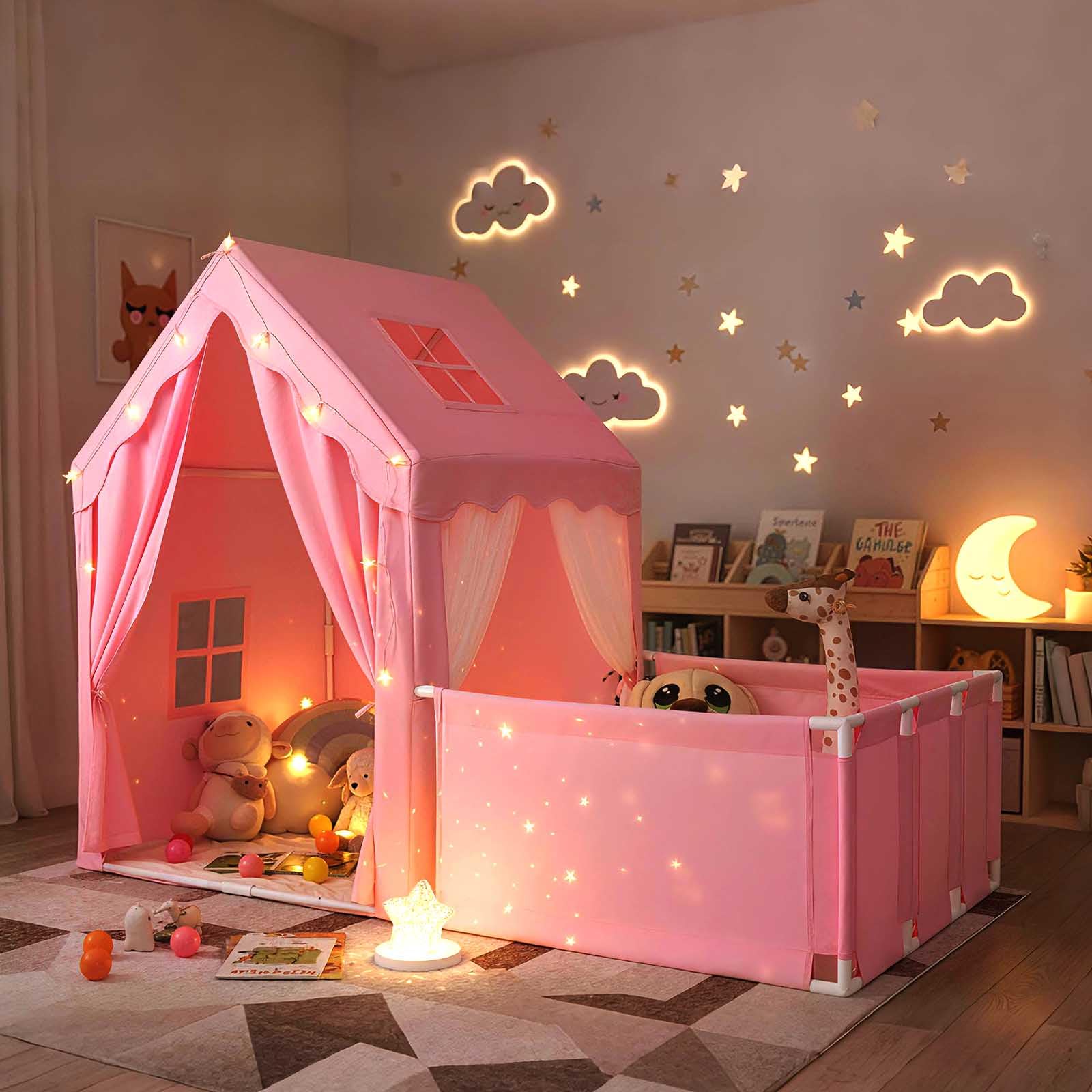 HOMASIS Spielzelt Indoor, 2 in 1 Spielhaus mit Laufgitter, Matte, Sternlichtern & Fenster, Kinderzelt aus Baumwolle, Kinder Zelt Kinderhaus für ab 3 Jahren, Kinderspielzelt für Kinderzimmer (Rosa)