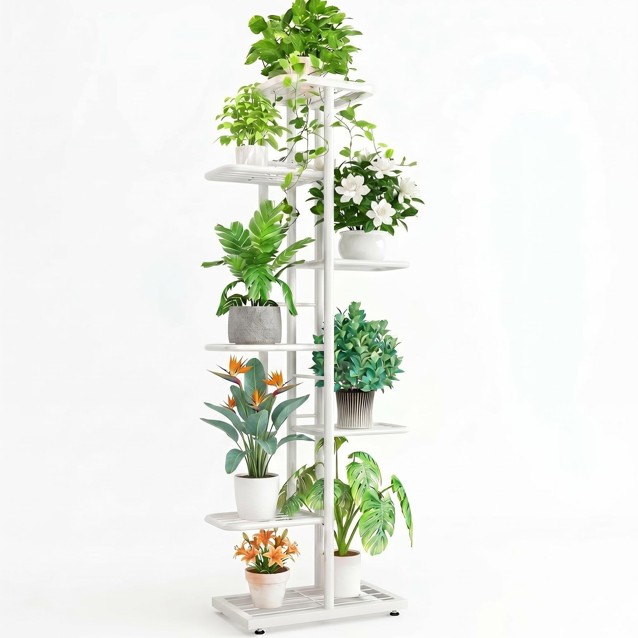 Garvee Soporte para Plantas de Metal, Estantería Esquinera 7 Niveles para 8 Macetas, Soporte para Macetas Interior/Exterior para Balcón, Patio, Jardín, Salón, Blanco