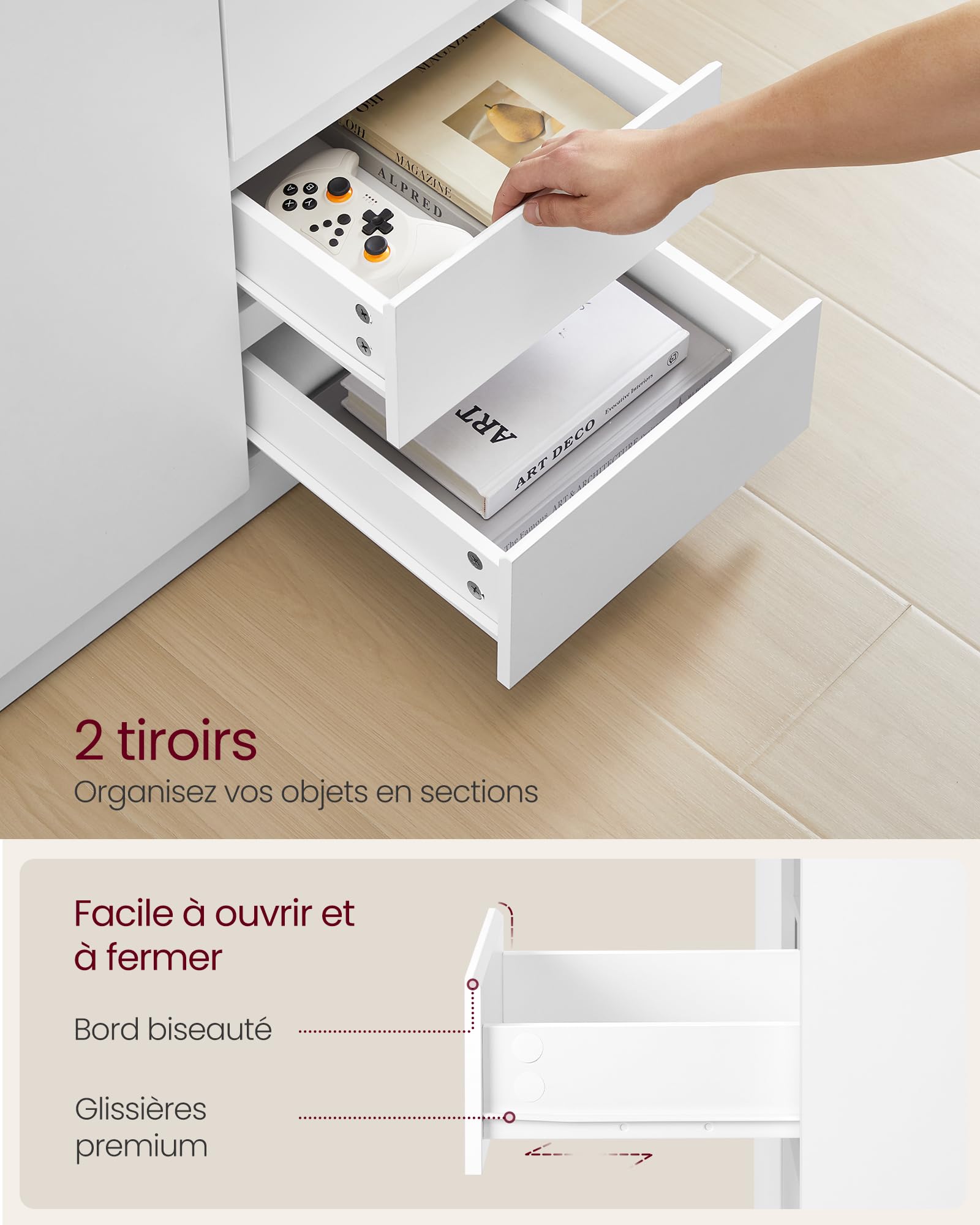 VASAGLE Kailyn Collection - Buffet, Armoire de Rangement, avec Porte et Étagère Réglable en Hauteur, 2 Tiroirs, Moderne, 70 x 40 x 74,5 cm, pour Salon, Salle à Manger, Bureau, Blanc Nuage BBK243W01V1