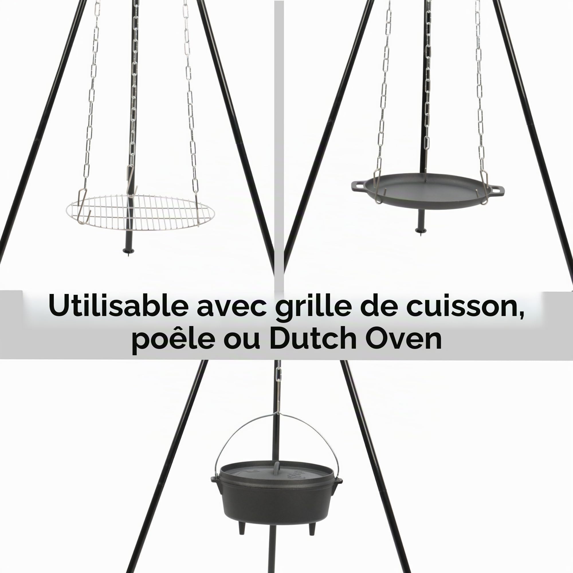 BBQ-Toro Kit de 6 Dutch Oven en Fonte Préassaisonnée avec Caisse en Bois, Poêle, Grille et Trépied pour Camping