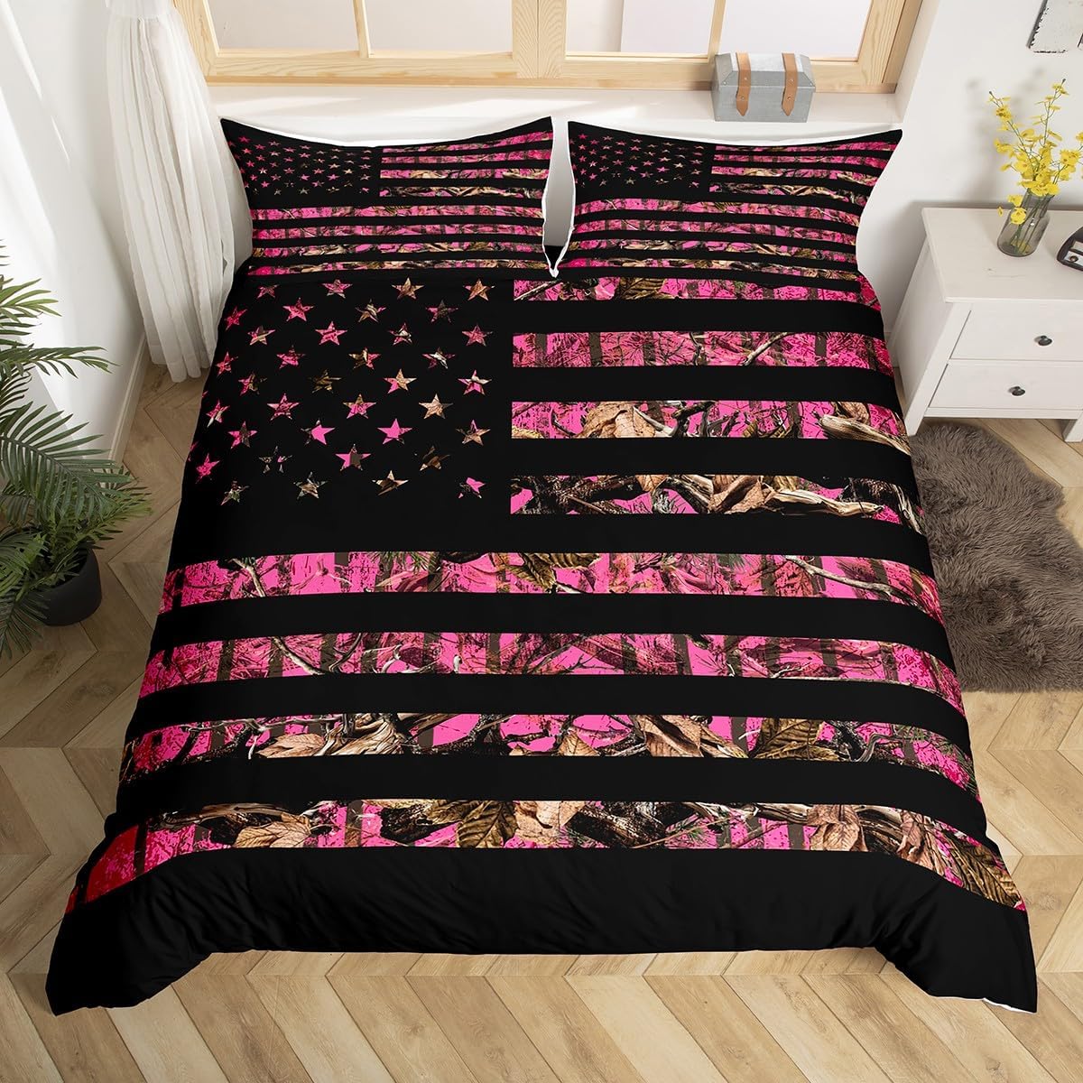 Feelyou American Flag Bedding Set Queen Hot Pink Camouflage Comforter Cover Set for Boys Branch Hunting Duvet Cover Breathable Camouflage Hunter Bedspread Cover Room Decor Quilt Cover,No Comforter