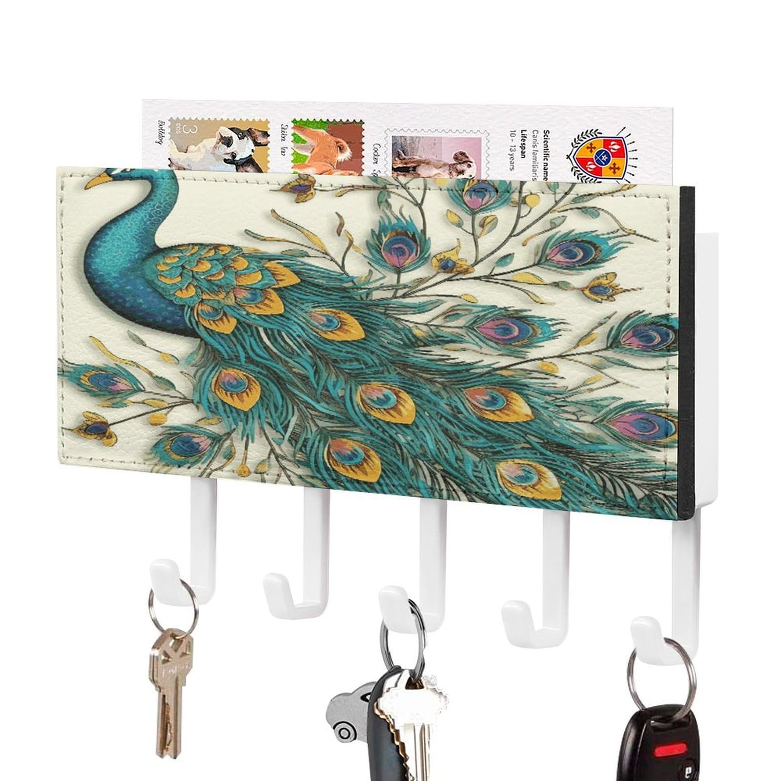 FekiLoot Peacock Pattern Key Holder for Wall Decorative Mail Organizer with 5 Key Hook Self Adhesive Key Rack with Tray Coat Rack Wall Mount Key Hanger Decor for Entryway Door