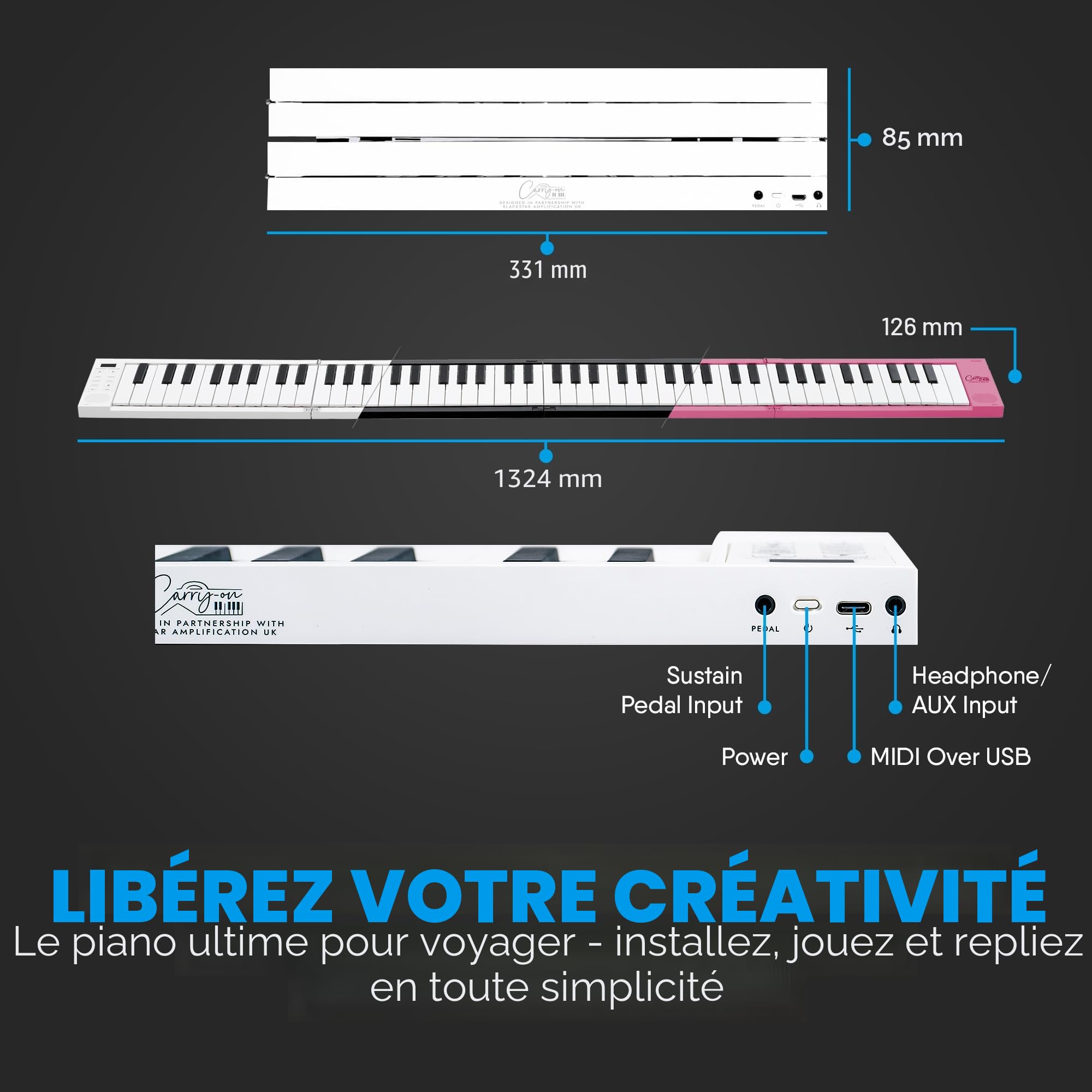 Piano pliable portable Blackstar de 88 touches avec batterie rechargeable intégrée et MIDI via USB. Clavier de piano 128 sons, 1,6 kg, 33 cm, BA203010