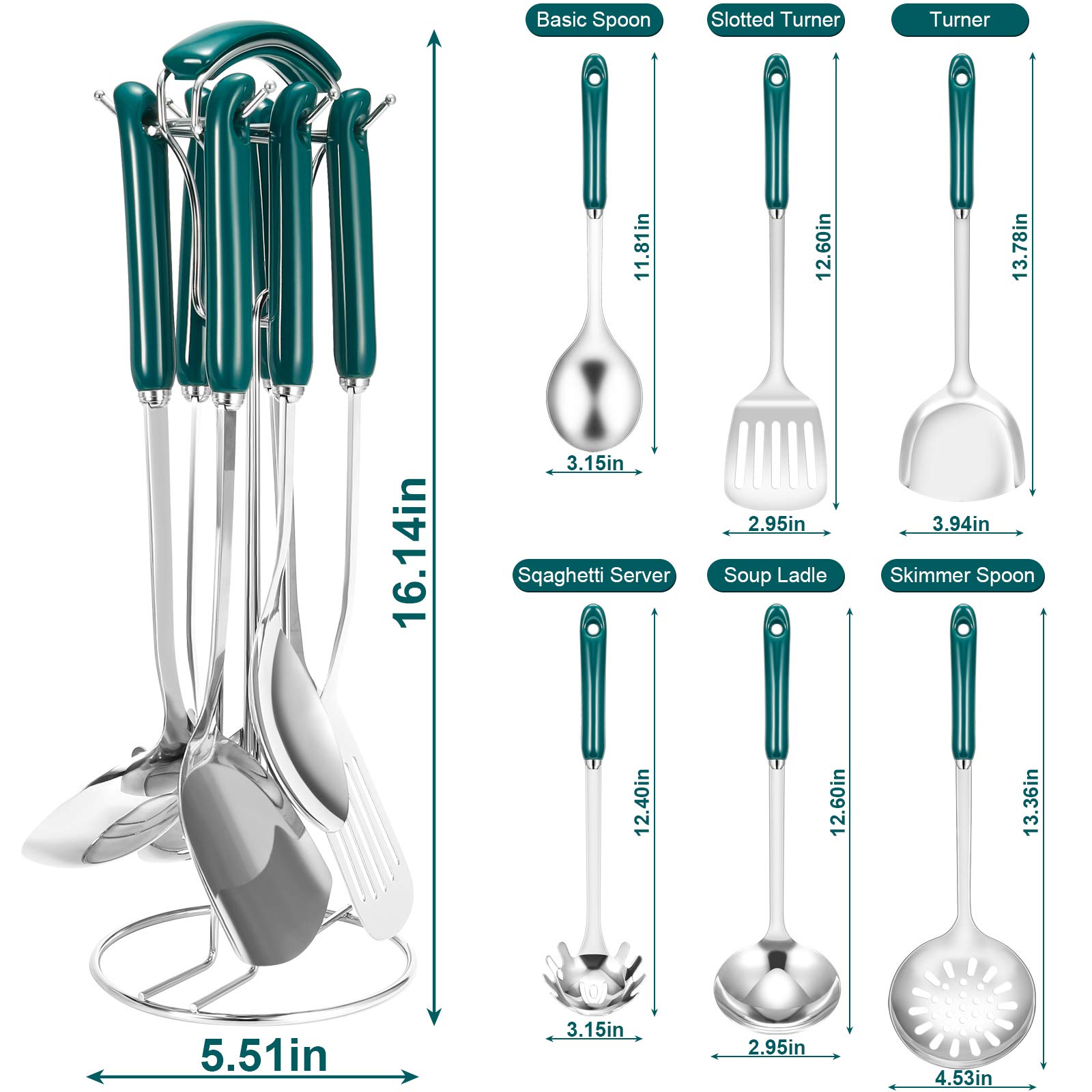 Küchenhelfer-Set aus Edelstahl, 7-teilig, mit Halterung, hitzebeständige Keramikgriffe, Küchenhelfer-Set, Geschenk