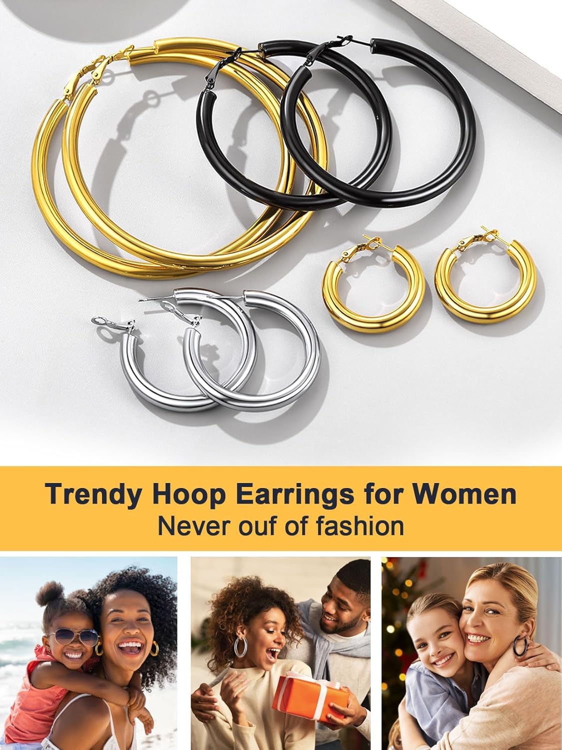 U7 Chunky Hoop Earrings for Women, Stainless Steel Hoops Earring, Classic Polished Thick Ear Jewelry, Black/Silver/Gold Hoop Earrings, 20/30/40/60/80mm - Image 6