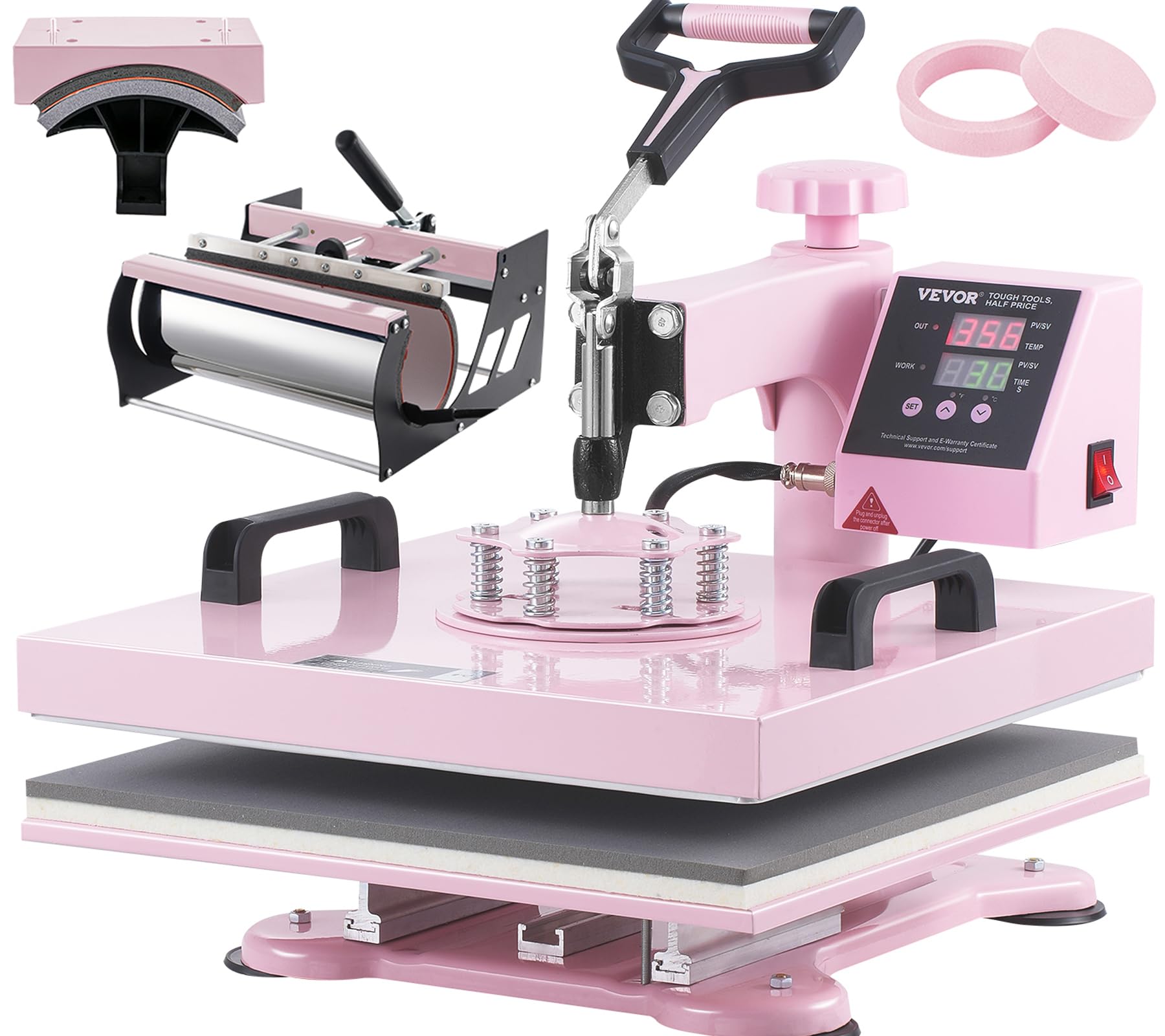 VEVOR Heat Press Machine 15x15 inch, Heat Press Machine for T-Shirts, 5 in 1 Heat Press with 30 OZ Tumbler Press, Combo Tumbler Heat Press Machine Sublimation for Hat Cap Mug Plate, Pink