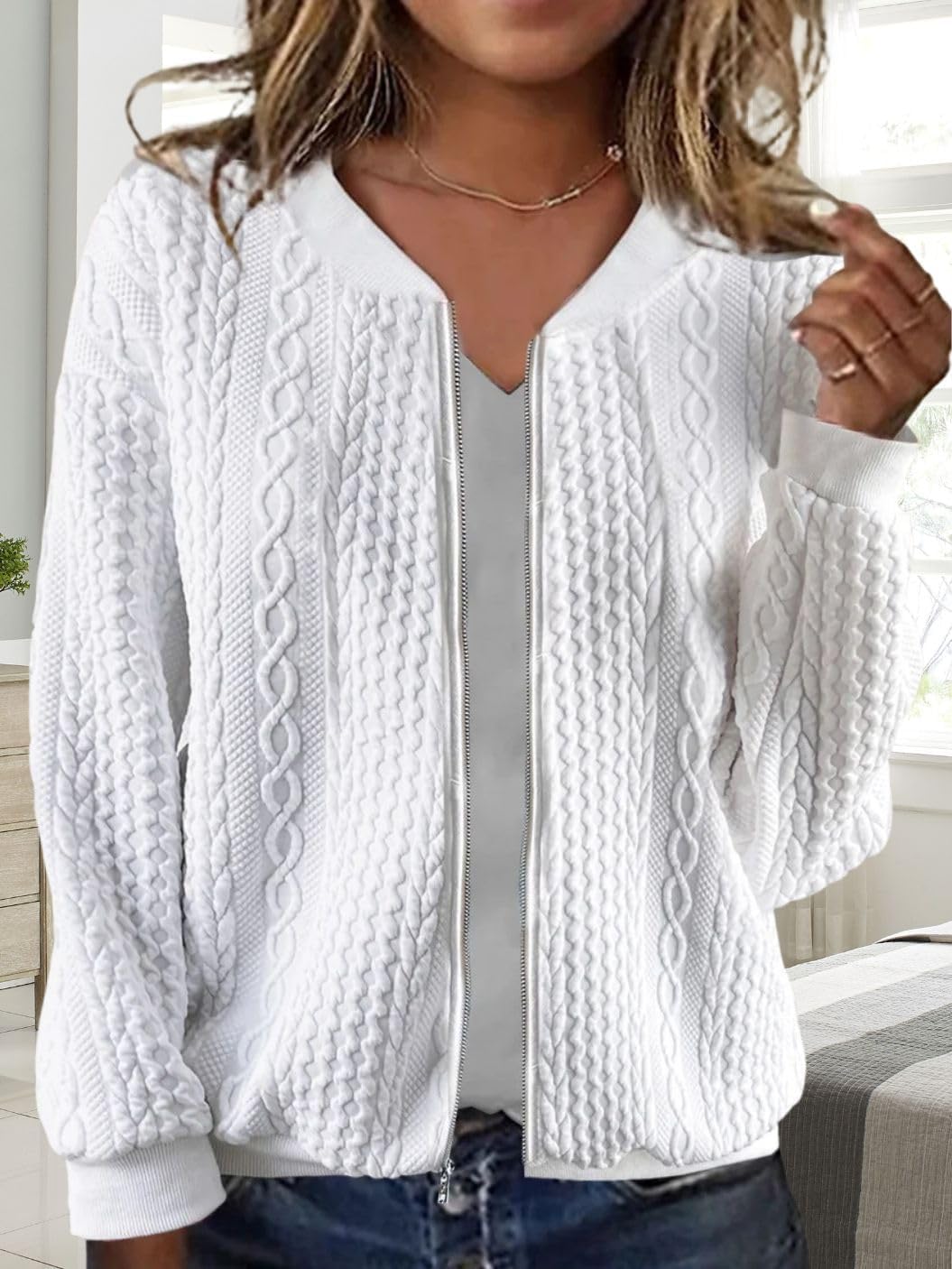 Cable Knit Zip Up Jackets for Women Long Sleeve V Neck Loose Fit Cropped Lightweight Cardigans for Women Solid Trendy Fall Coat Full Zipper Sweatshirt Casual Bomber Jackets White L