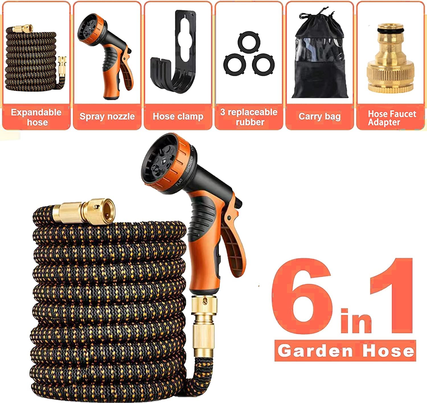 Tubo da giardino espandibile con pistola a spruzzo d'acqua a 10 modalità, connettori in ottone massiccio da 3/4" e 1/2", resistente tessuto 3450D, avvolgitubo per tubo da giardino, tubo magico