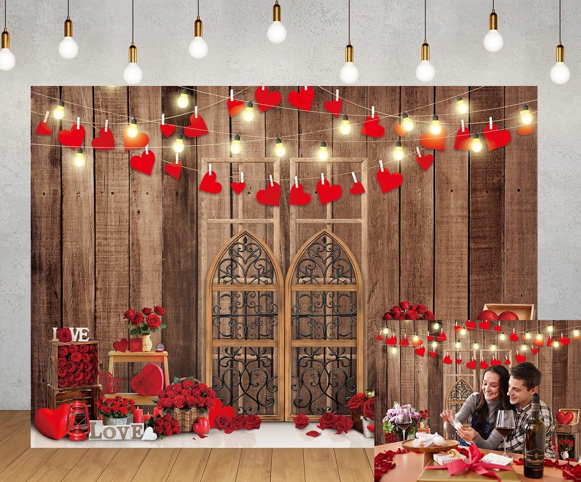 Happy Valentine's Backdrop Red Rose Flower Love Heart Lights Rustic Wood Wall Photography Background Birthday Baby Shower Wedding Anniversary Party Decorations Portrait Photo Booth Props 7x5FT