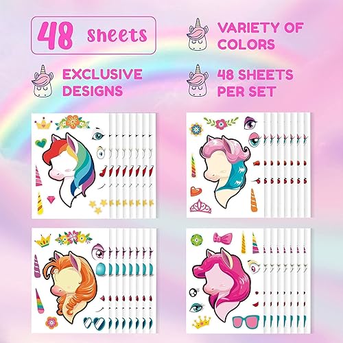 Miniatura 4 de Mocoosy 48 calcomanías de unicornio para niñas de 4 a 6 años, recuerdos de fiesta de unicornio para niños de 3 a 5 años, haz tu propia cara, hojas