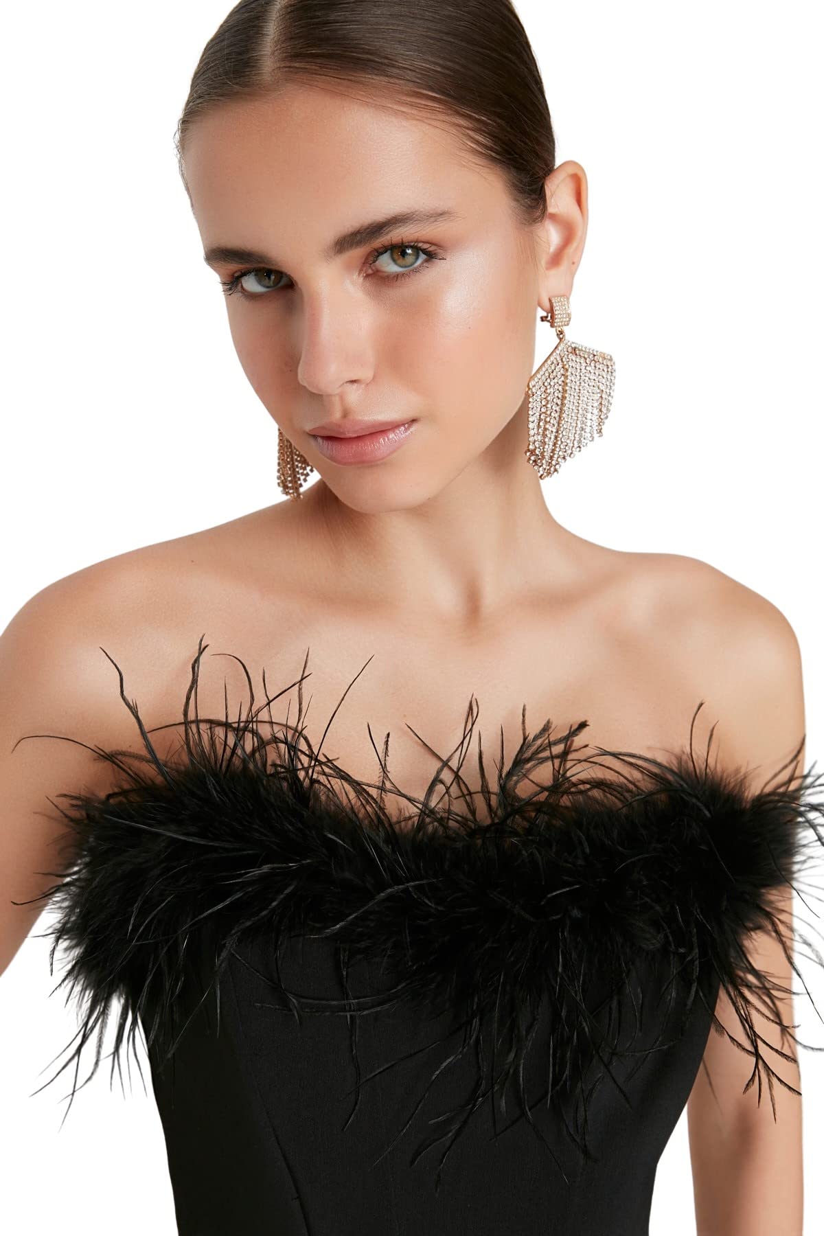 TRENDYOLMİLLA Women's Schwarz Otrish Detailliert Bustier-Lined, Woven TPRSS22BS00018 Crop Top, Black, 60