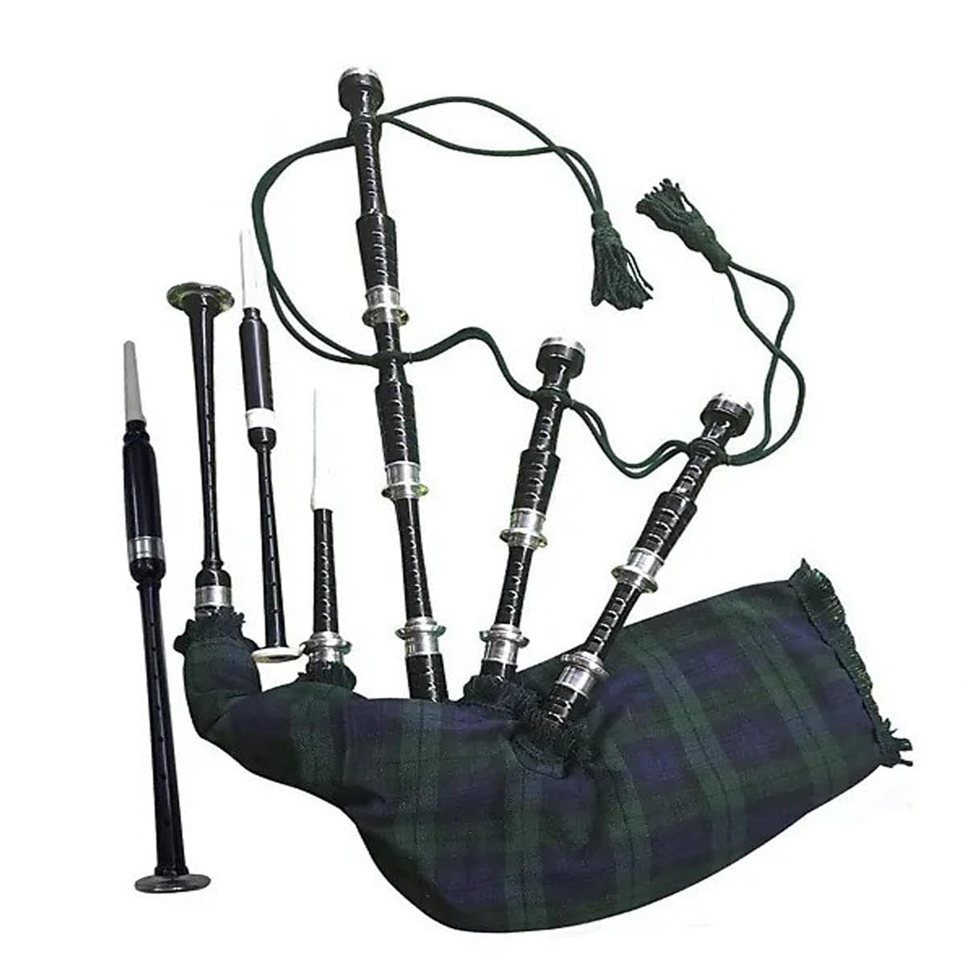 Spielbarer Dudelsack in voller Größe, traditioneller schottischer Hochland-Dudelsack mit Tragetasche, schwarzes Palisander-Finish, silberfarbene Halterungen, Übungschanter