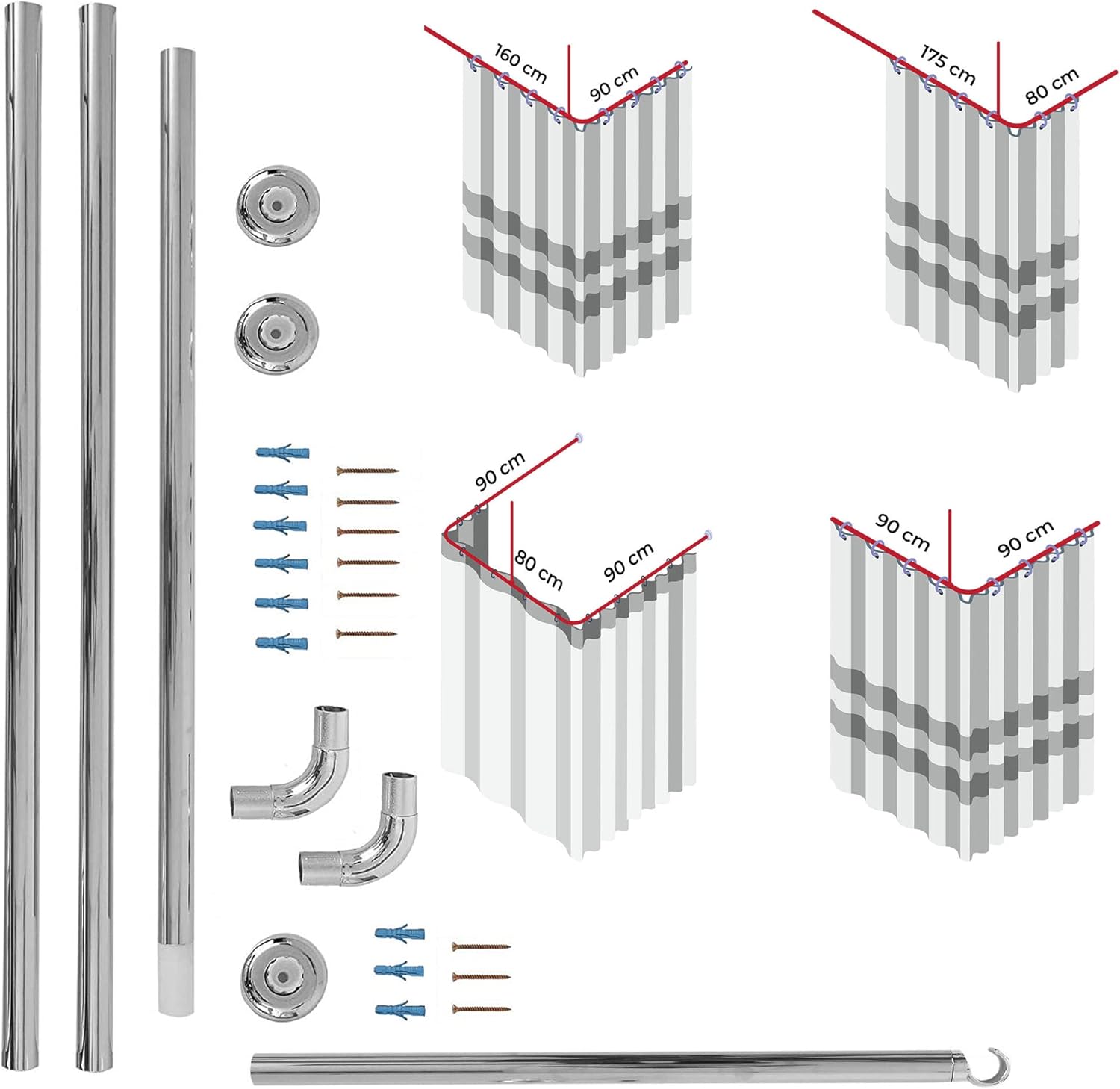 Chrome Shower Curtain Rail/Rod, 4 way use,L Shape,U shape with ceiling