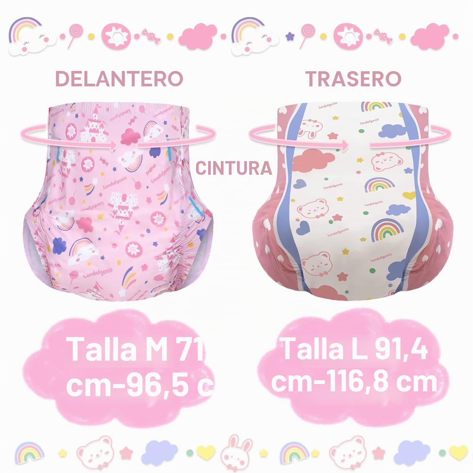 Landofgenie Pañales para Adultos con Diseños 10 Unidades (5 Diseños, 2 Unidades cada uno) Protección Nocturna y Antifugas - Ultraabsorbentes con Lengüetas (Talla Grande 36 "- 46")