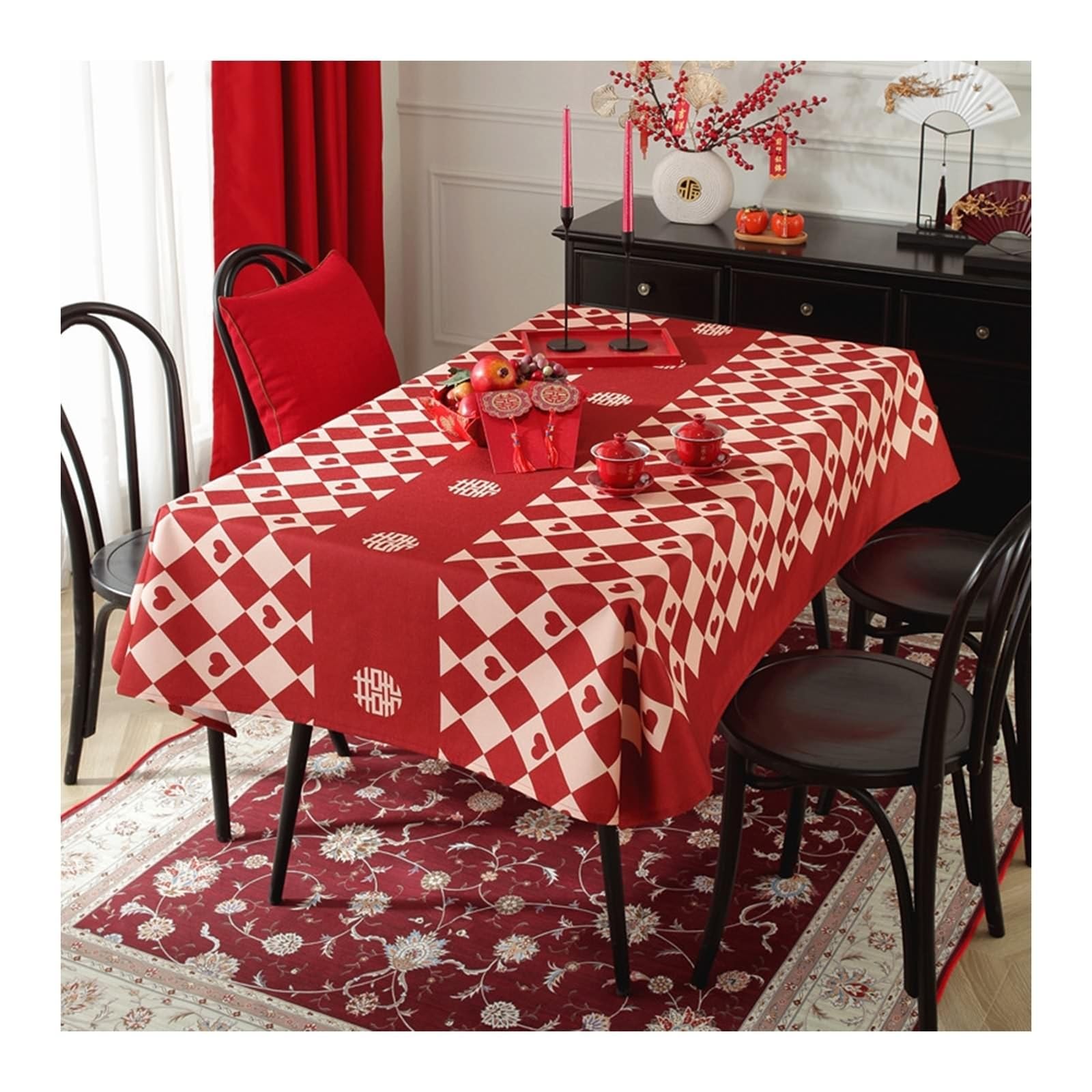 Tablecloth czerwony, poliester obrus zmywalny, motyw rombów, serce, obrus outdoorowy, prostokątny, 135 x 160 cm, do salonu, jadalni, na balkon, do ogrodu