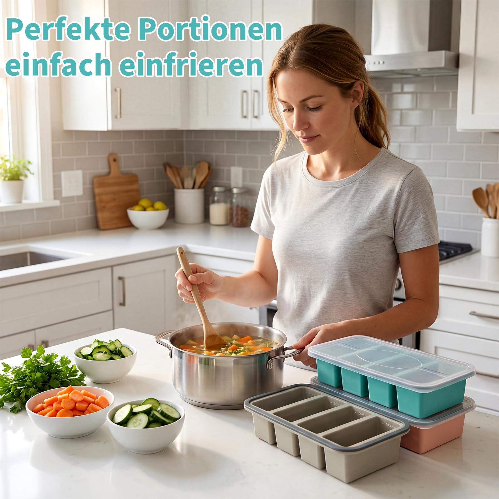 Silikonowy pojemnik z pokrywką, zestaw 3 szt., po 4 komory, na zupę, bulion, sosy i meal prep, podziałka 125/250 ml, wzmocniona krawędź, BPA free, sztaplowany