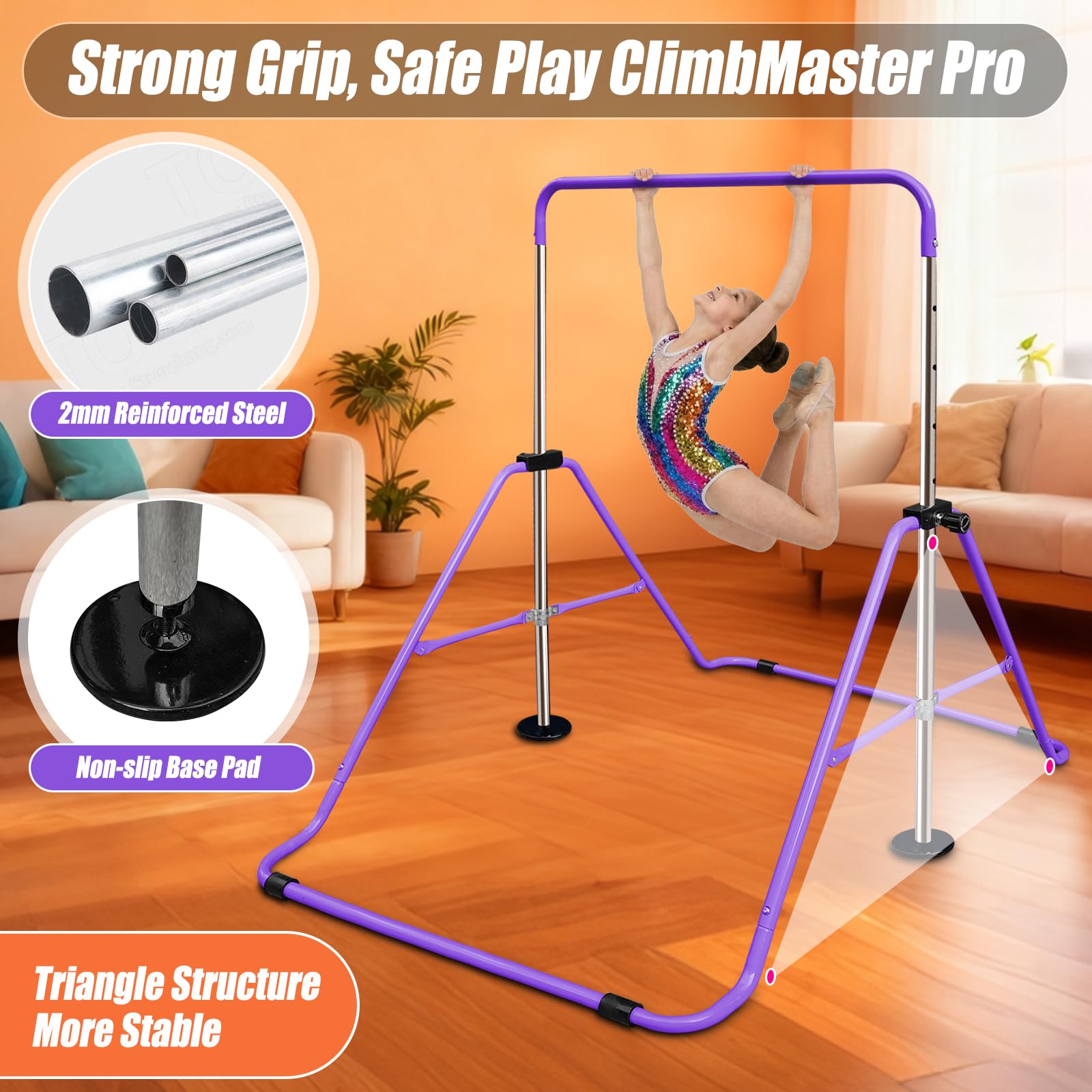 Triclicks Barre de Gymnastique pour Enfants, Barre d'entraînement Pliable avec Hauteur réglable, Barres Horizontales Extensibles pour Enfants, Filles, garçons (Violet 2)