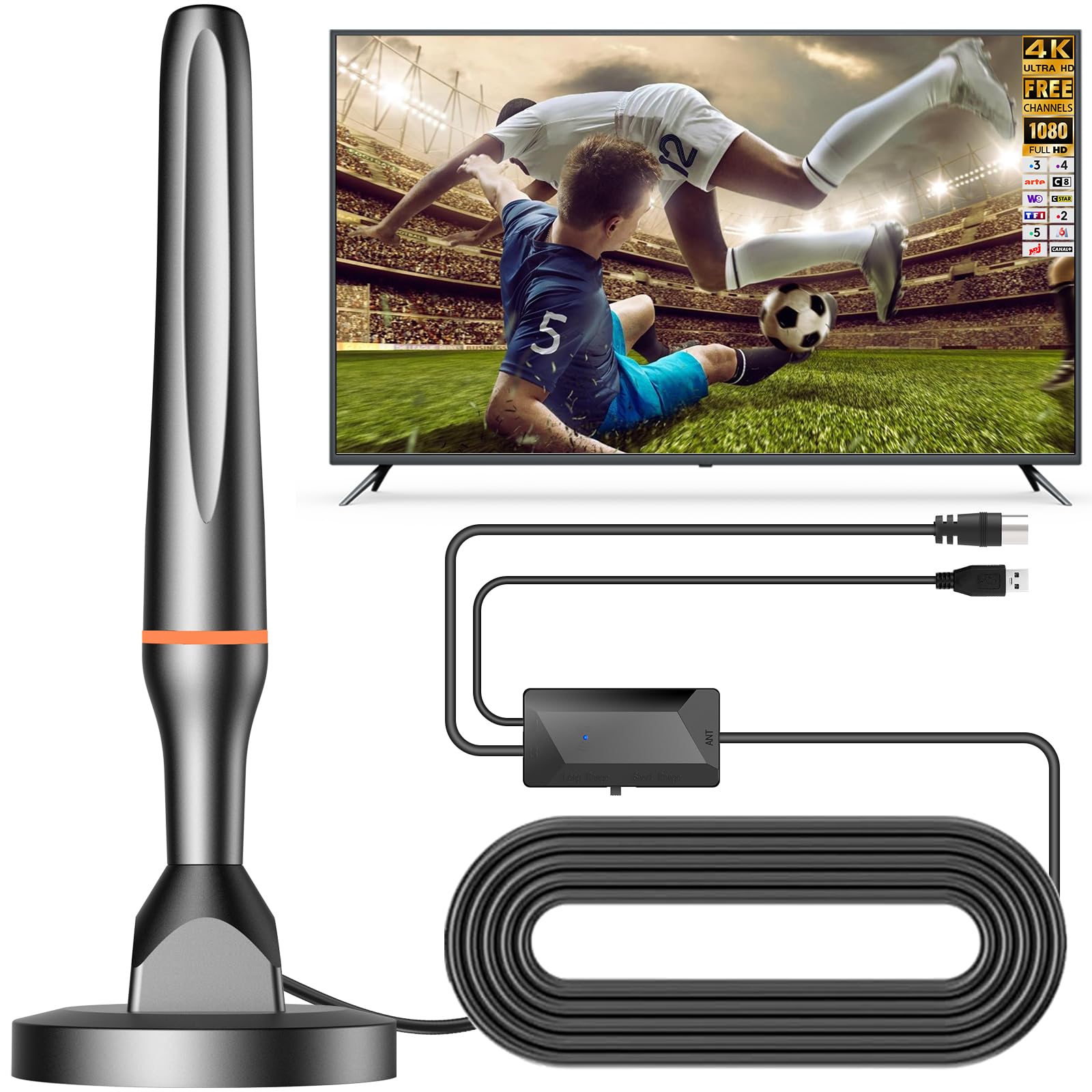 Antena de TV Interior Potente TNT 2026, Antena HDTV Digital con Alcance de Recepción 80 KM con amplificador, Soporta 4K 1080p Todos los televisores antiguos e inteligentes
