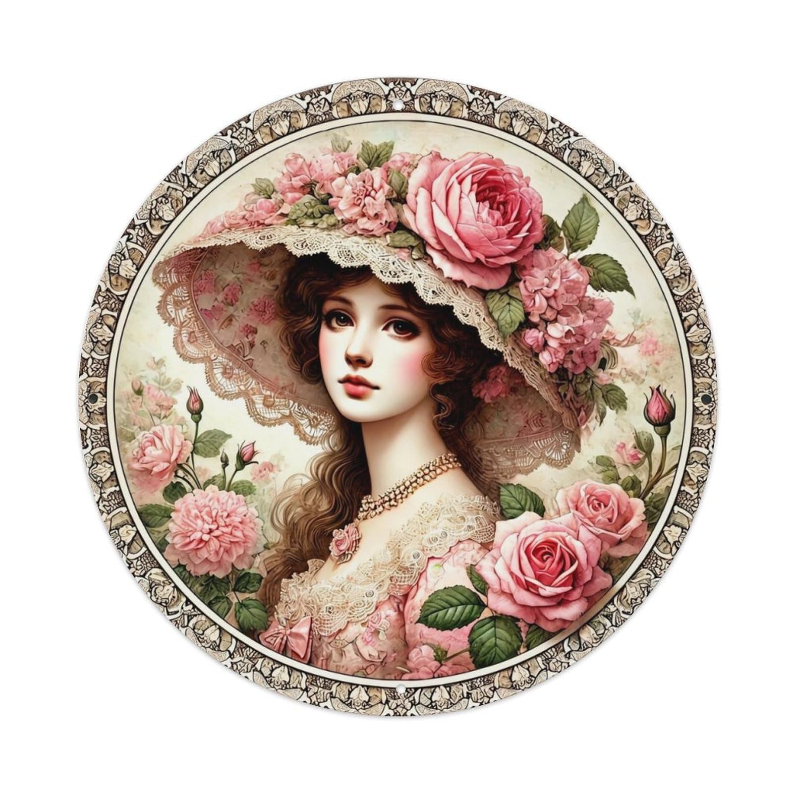 Floral Lace Rose Vintage Portrait Vintage Round Tin Sign Retro Metal Wall Decor Metal Poster, Home Bar Garage Cafe Wall Art Decoration 8x8Inches