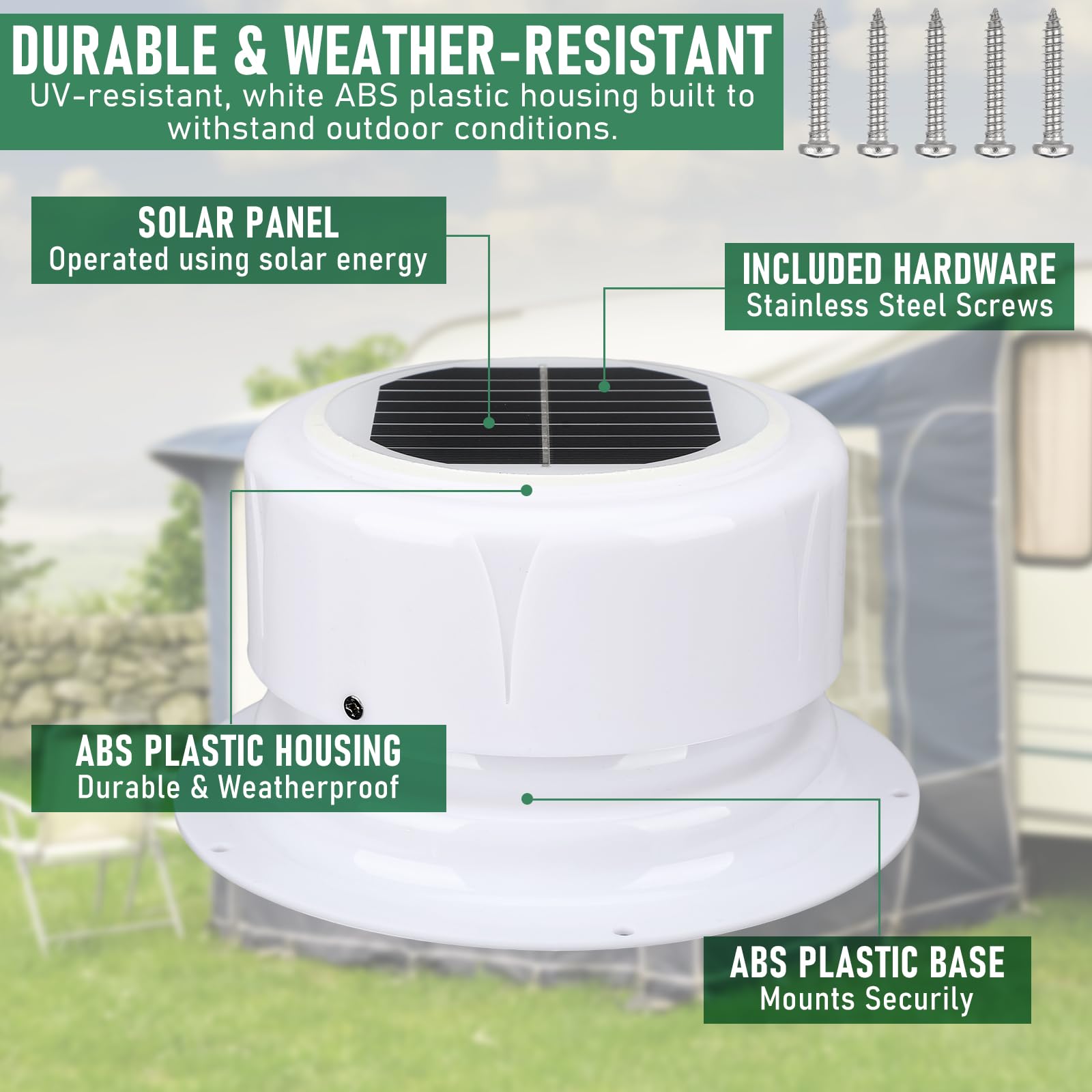 VIHOSE Wentylator solarny do kampera, biały, ABS, zasilany energią słoneczną, wentylator wyciągowy do kampera, kampera, szopy, przyczepy, kurnika, domku dla psów, ze śrubami montażowymi, łatwy montaż